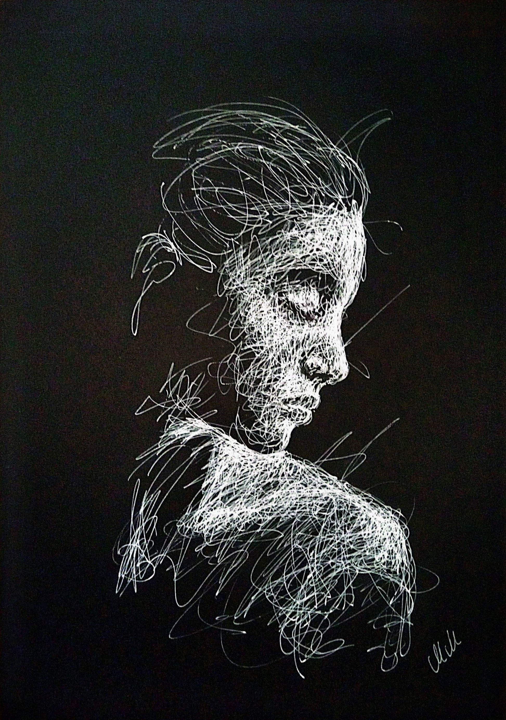 Alone - Modern Elegance Black and White Line Portrait Drawing

This Alone trendy fine art profile portrait drawing is an original, sensual piece of artwork, handmade with exceptional care and attention to detail.

The minimalist female face evokes a sense of timeless elegance, blending sophistication and grace in a way that enhances any space.

The delicate white pen lines, drawn on black art paper, create a striking contrast that captures both passion and strength.