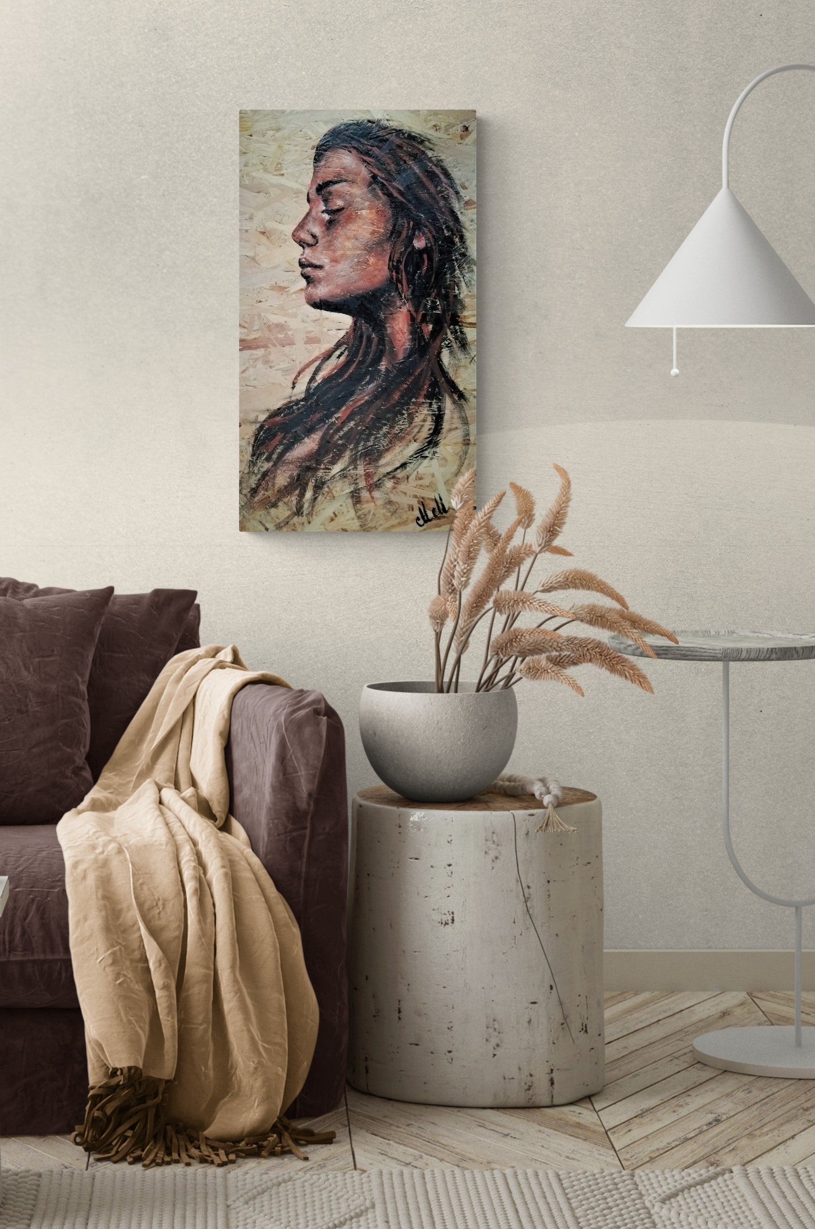 Acrylic Portrait on Wood – A Unique Blend of Art & Nature

This&nbsp;one-of-a-kind acrylic portrait painting on wood brings warmth, texture, and character to your home.

Hand-painted on a reclaimed OSB wood panel, this piece embraces the beauty of imperfection, turning recycled materials into elegant modern wall art.

The expressive face profile of a woman is captured with rich acrylic tones, creating a timeless and soulful presence.