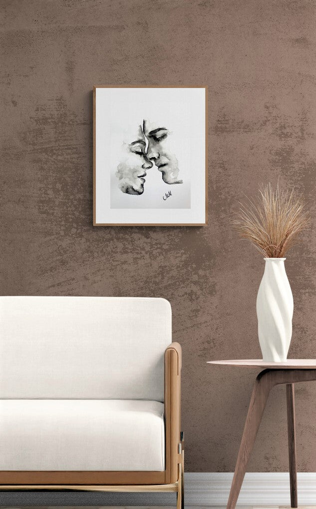 Living room wall decor - romantic painting made with black ink.
Celebrate the beauty of love through simplicity.
Lovers Kiss is a minimalist ink painting that captures an intimate moment - two souls meeting in a timeless embrace. With just water and a touch of black pigment, the piece reveals how little it takes to express everything.
