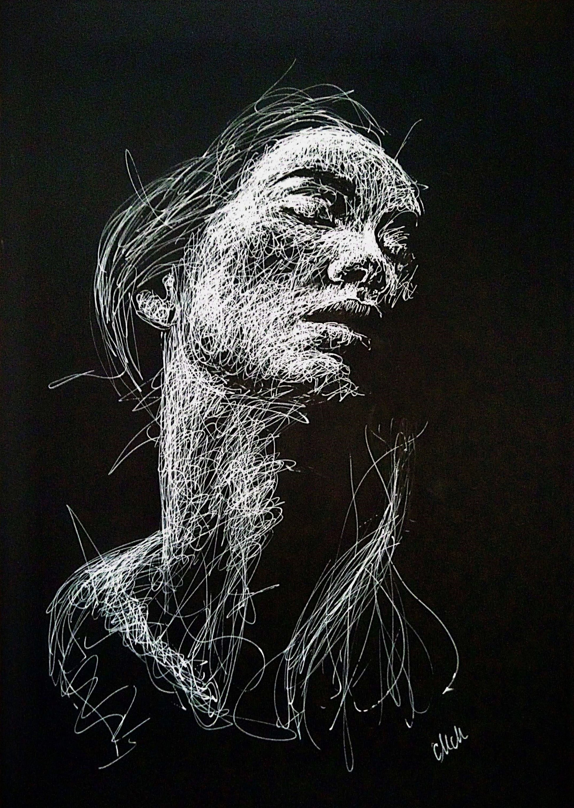 Longing - Modern Elegance Black and White Line Portrait Drawing

This Longing black and white line profile portrait drawing is an original, sensual piece of artwork, handmade with exceptional care and attention to detail.

The minimalist female face figure evokes a sense of timeless elegance, blending sophistication and grace in a way that enhances any space.

The delicate white pen lines, drawn on black art paper, create a striking contrast that captures both passion and strength.