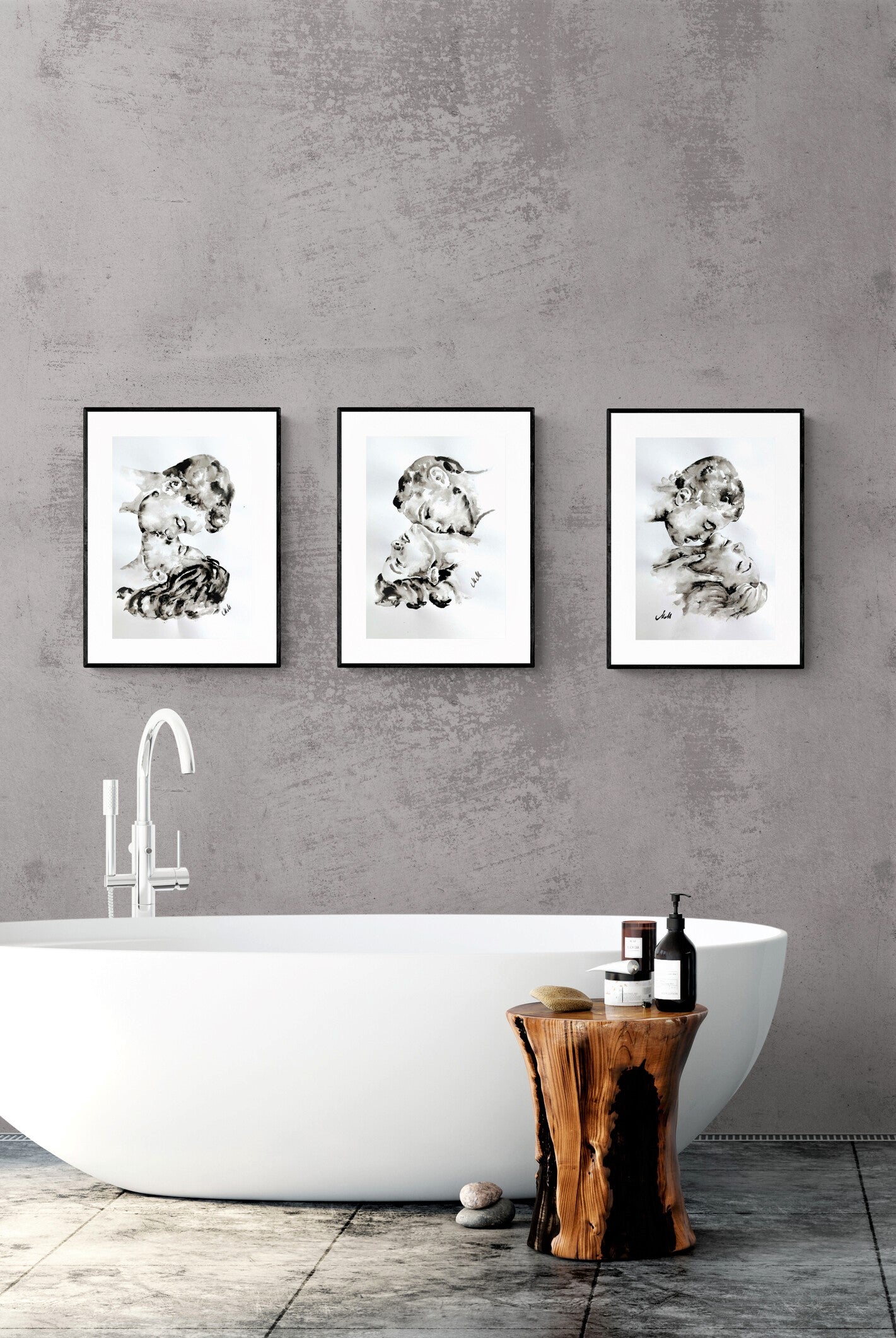 Bathroom wall decor - minimalist ink painting.
Lover Passion captures the timeless beauty of two souls meeting in a single, passionate kiss. Painted in flowing black ink and water, this minimalist piece reveals how little it takes to express everything — love, warmth, and connection.