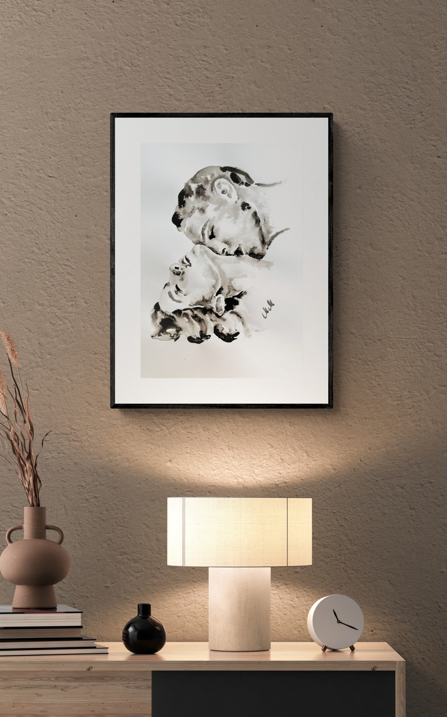 Love passion - minimalist ink wall decor.
Celebrate intimacy and emotion through simplicity.
Lover Passion captures the timeless beauty of two souls meeting in a single, passionate kiss. Painted in flowing black ink and water, this minimalist piece reveals how little it takes to express everything — love, warmth, and connection.