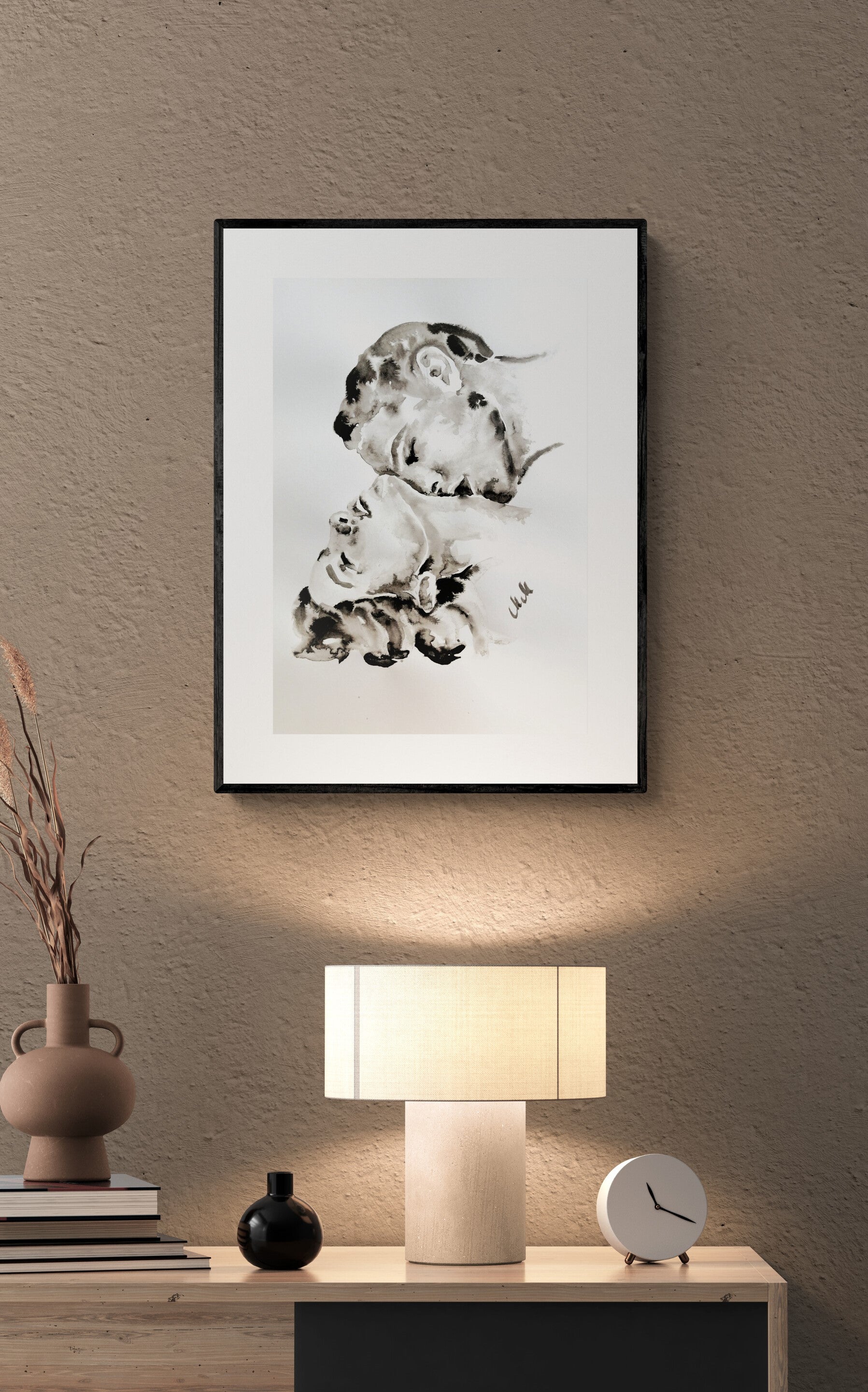 Love passion - minimalist ink wall decor.
Celebrate intimacy and emotion through simplicity.
Lover Passion captures the timeless beauty of two souls meeting in a single, passionate kiss. Painted in flowing black ink and water, this minimalist piece reveals how little it takes to express everything — love, warmth, and connection.