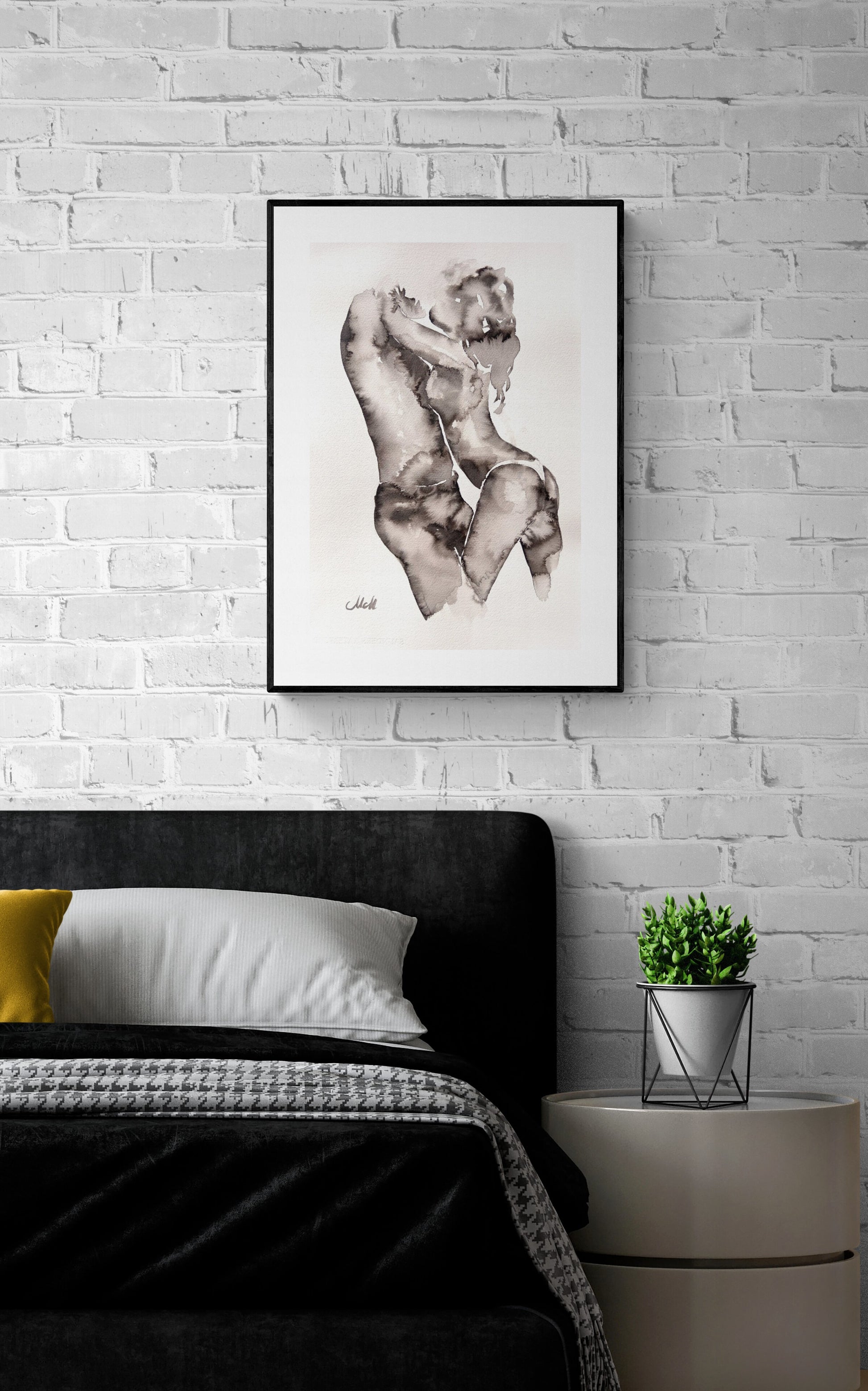 black an white ink painting of a couple embracing, black and white romantic artwork, intimate love illustration, perfect above-bed decor or unique couple gift. minimalist wall art, bedroom painting, bathroom painting