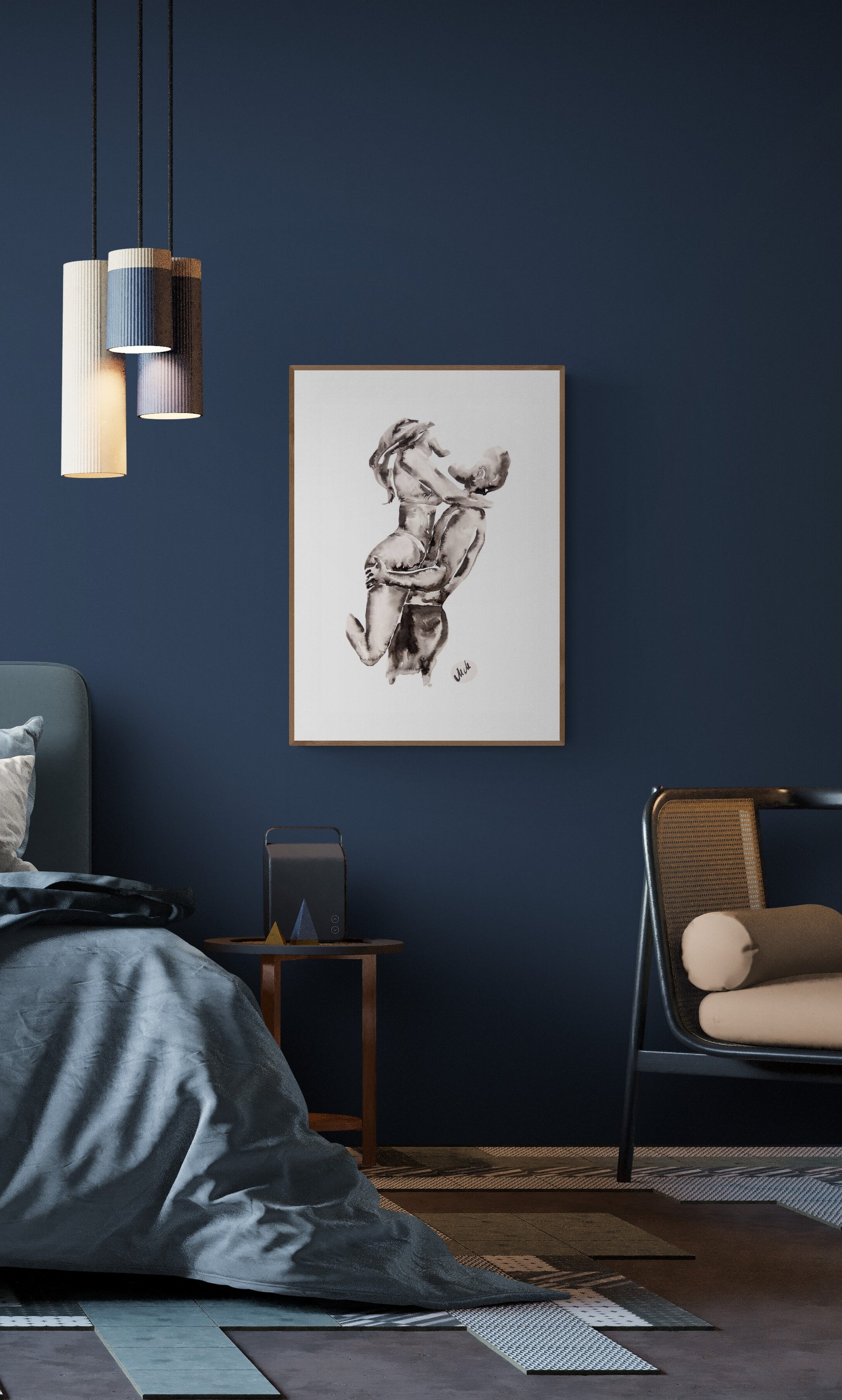 Watercolor painting of a couple embracing, black and white romantic artwork, intimate love illustration, perfect above-bed decor or unique couple gift.