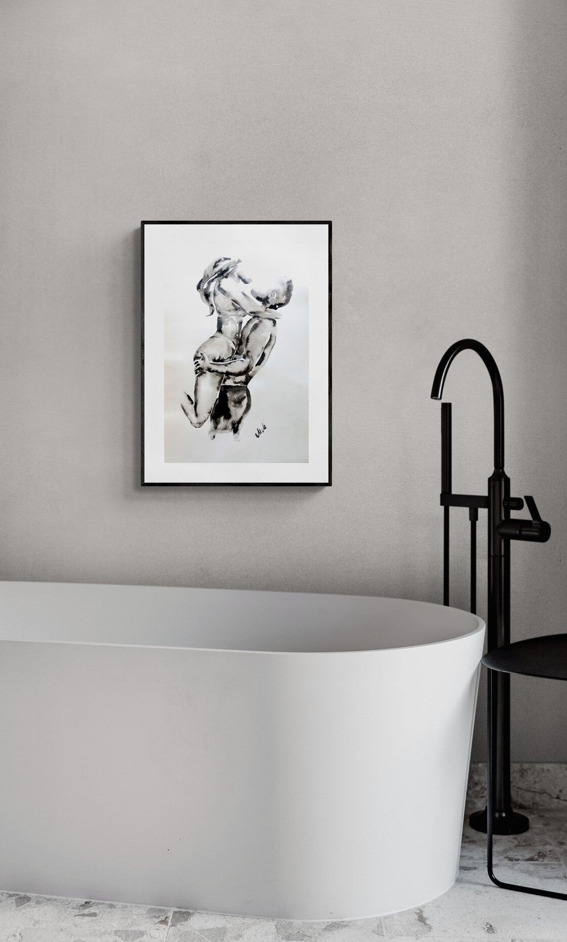 Watercolor painting of a couple embracing, black and white romantic artwork, black and white ink art, intimate love illustration, perfect above-bed decor or unique couple gift, bathroom painting