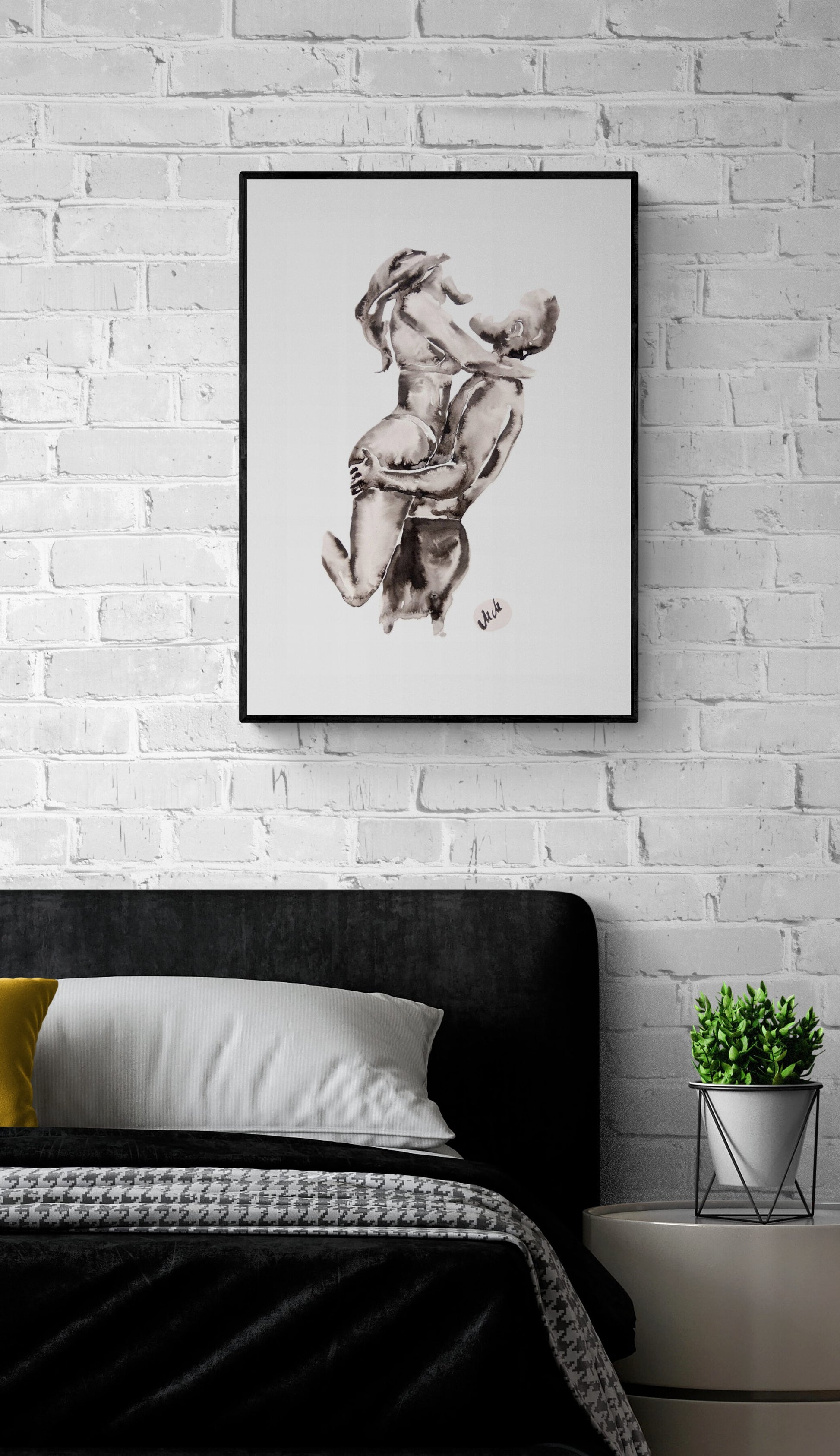 Watercolor painting of a couple embracing, black and white romantic artwork, intimate love illustration, perfect above-bed decor or unique couple gift.