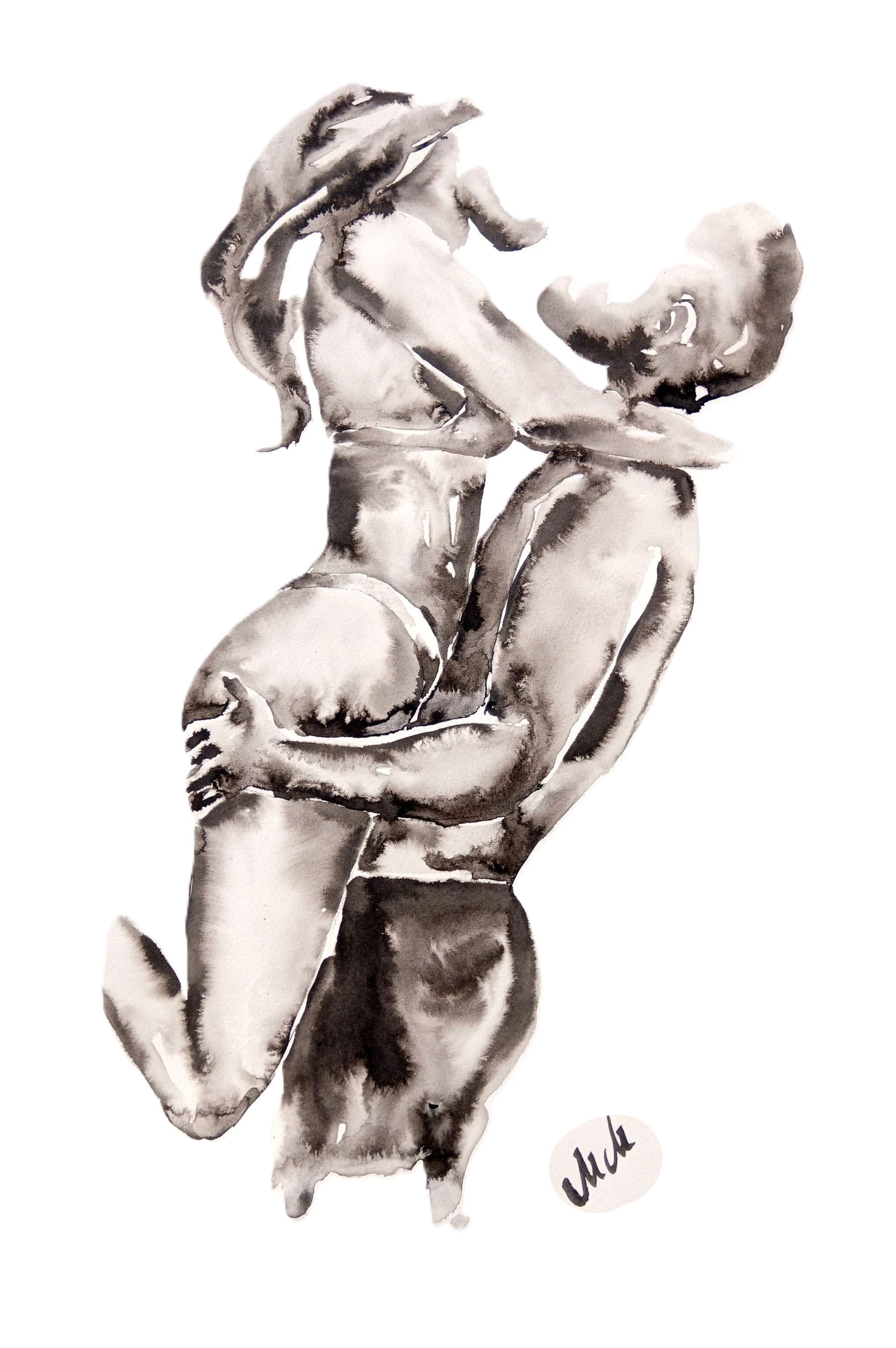 Watercolor painting of a couple embracing, black and white romantic artwork, intimate love illustration, perfect above-bed decor or unique couple gift.