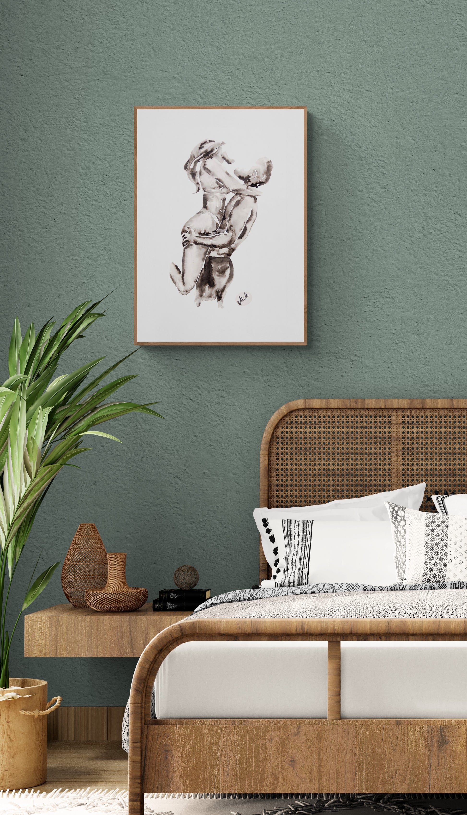 Watercolor painting of a couple embracing, black and white romantic artwork, intimate love illustration, perfect above-bed decor or unique couple gift.