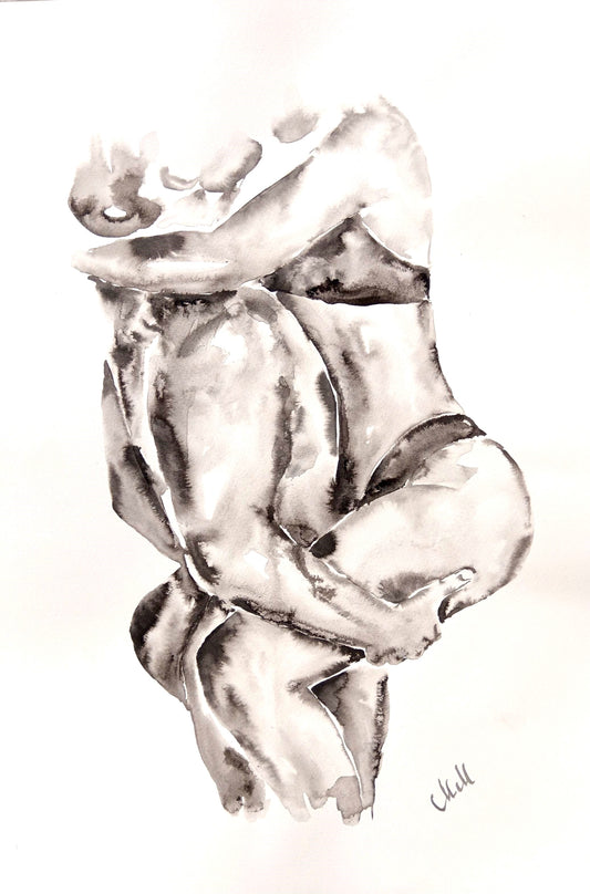 Original black and white ink wall art. Minimalist couple painting capturing love and intimacy. Elegant black and white artwork, perfect for bedroom decor, bathroom painting or a romantic gift for lover or partner