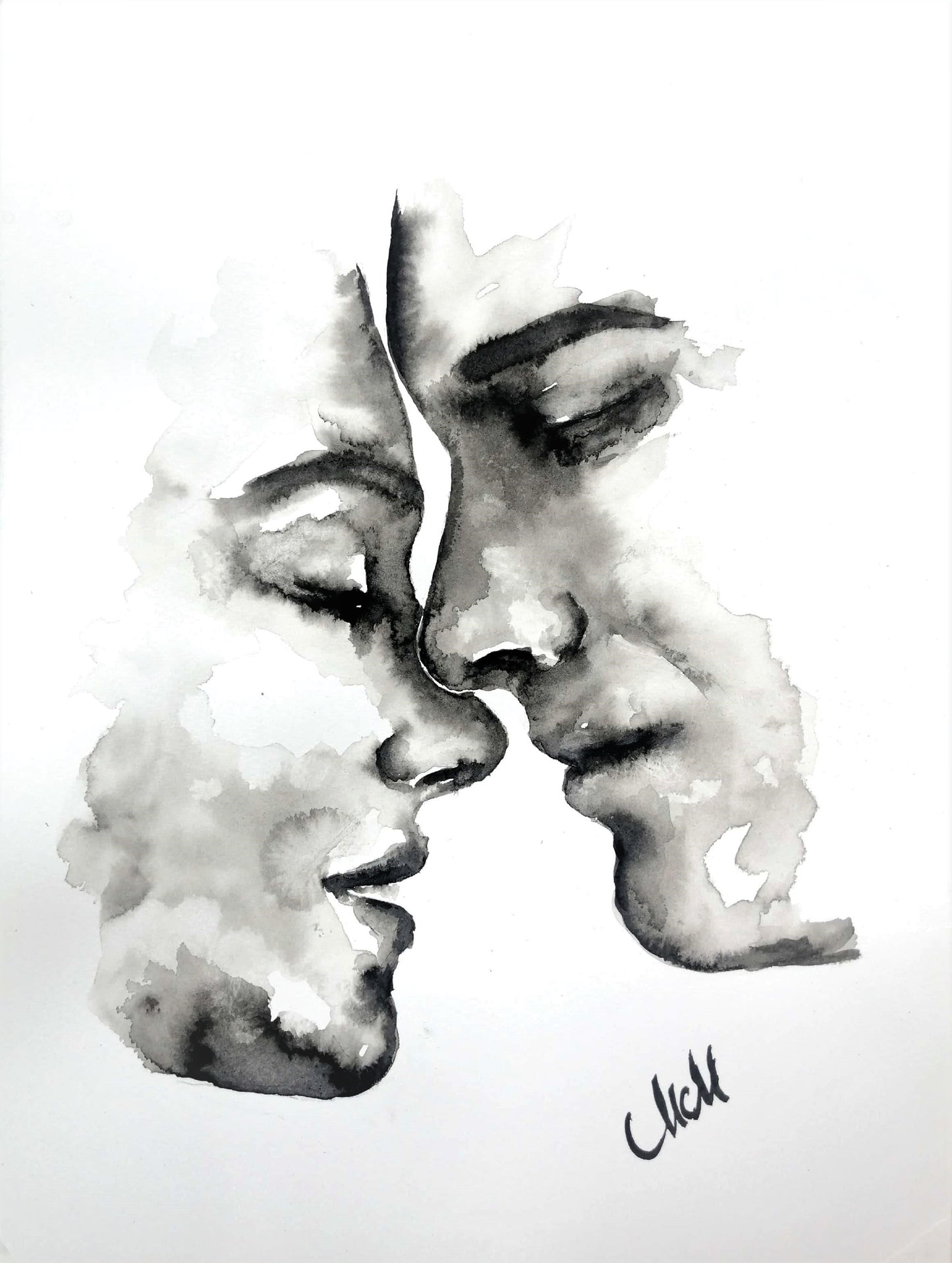Celebrate the beauty of love through simplicity.
Lovers Kiss is part of my Ink Lovers collection, a minimalist ink painting that captures an intimate moment — two souls meeting in a timeless embrace. With only water and a touch of black pigment, the piece shows how pure emotion can emerge from the simplest elements.

