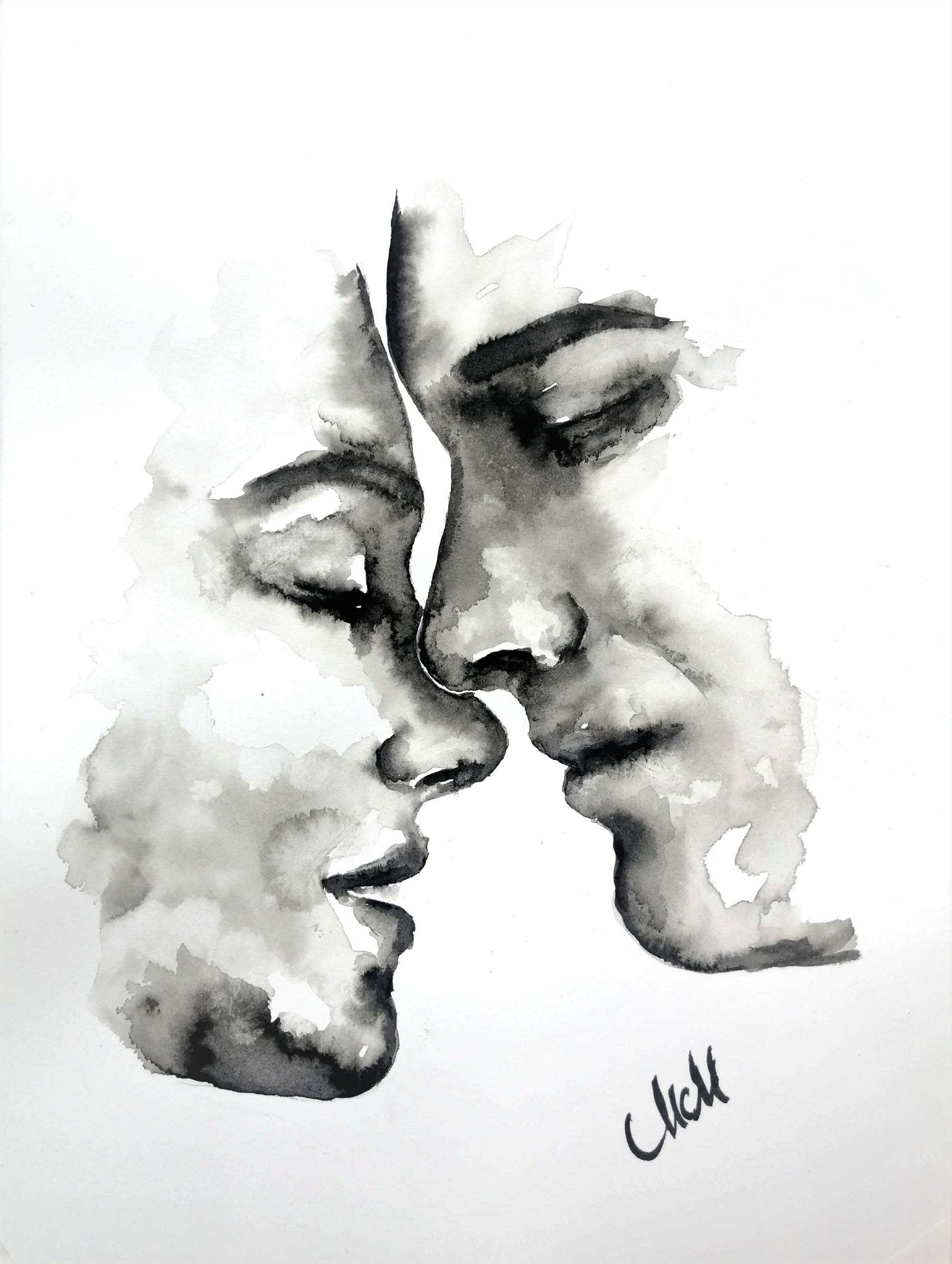 Celebrate the beauty of love through simplicity.
Lovers Kiss is part of my Ink Lovers collection, a minimalist ink painting that captures an intimate moment — two souls meeting in a timeless embrace. With only water and a touch of black pigment, the piece shows how pure emotion can emerge from the simplest elements.

