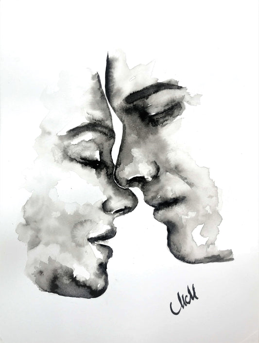 Celebrate the beauty of love through simplicity.
Lovers Kiss is part of my Ink Lovers collection, a minimalist ink painting that captures an intimate moment — two souls meeting in a timeless embrace. With only water and a touch of black pigment, the piece shows how pure emotion can emerge from the simplest elements.


