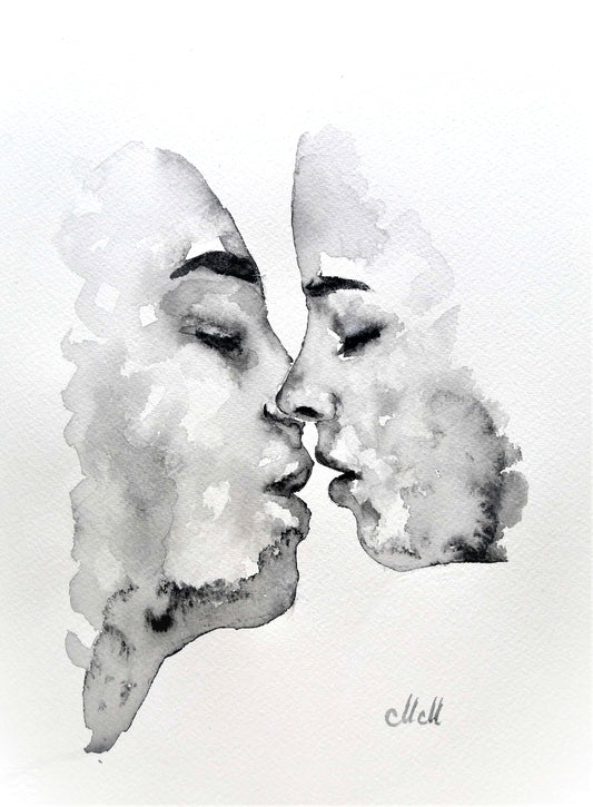 Lovers Kiss – Minimalist Ink Artwork

Celebrate the beauty of love through simplicity.
Lovers Kiss is a minimalist ink painting that captures an intimate moment - two souls meeting in a timeless embrace. With just water and a touch of black pigment, the piece reveals how little it takes to express everything.