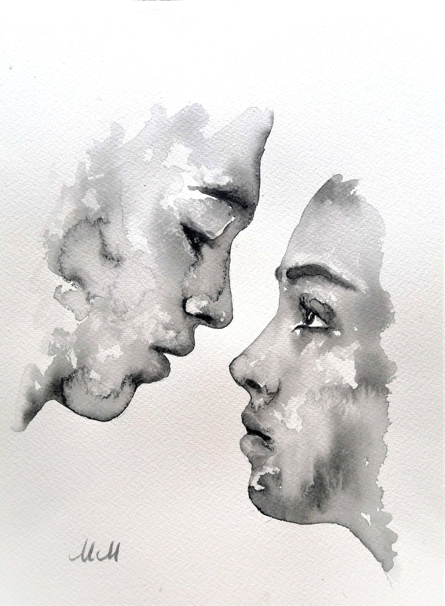 Celebrate the beauty of love through simplicity.
Lovers Kiss is part of my Ink Lovers collection, a minimalist ink painting that captures an intimate moment — two souls meeting in a timeless embrace. With only water and a touch of black pigment, the piece shows how pure emotion can emerge from the simplest elements.