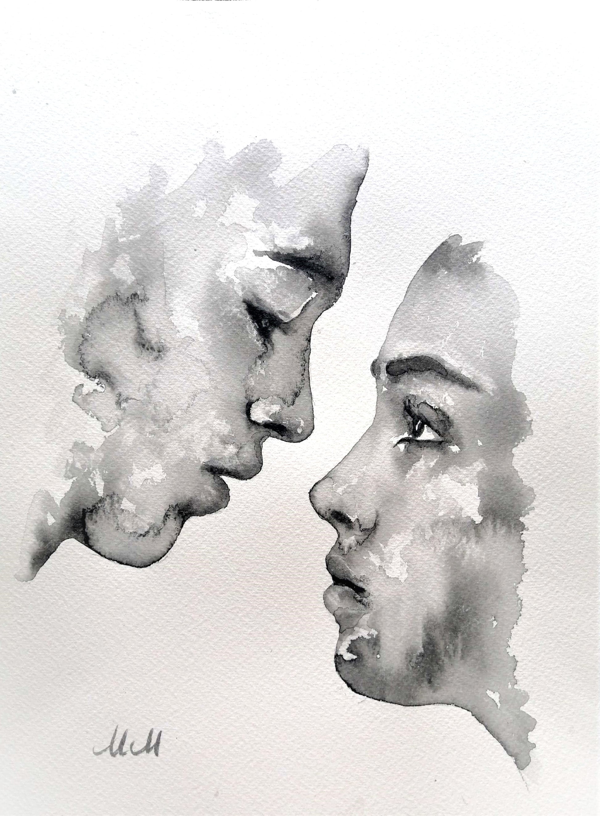 Celebrate the beauty of love through simplicity.
Lovers Kiss is part of my Ink Lovers collection, a minimalist ink painting that captures an intimate moment — two souls meeting in a timeless embrace. With only water and a touch of black pigment, the piece shows how pure emotion can emerge from the simplest elements.
