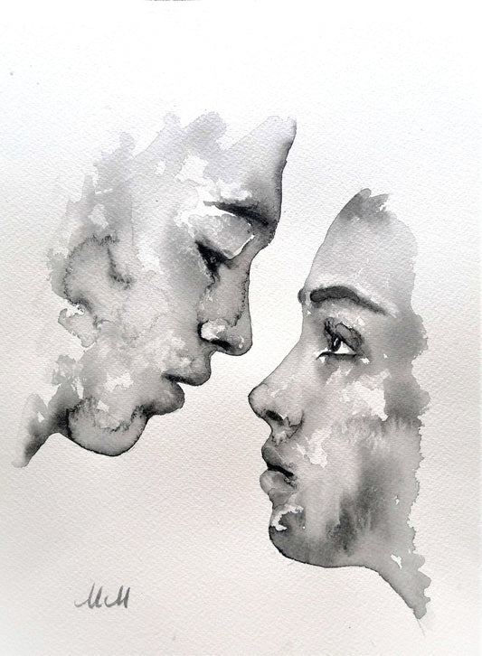 Celebrate the beauty of love through simplicity.
Lovers Kiss is part of my Ink Lovers collection, a minimalist ink painting that captures an intimate moment — two souls meeting in a timeless embrace. With only water and a touch of black pigment, the piece shows how pure emotion can emerge from the simplest elements.