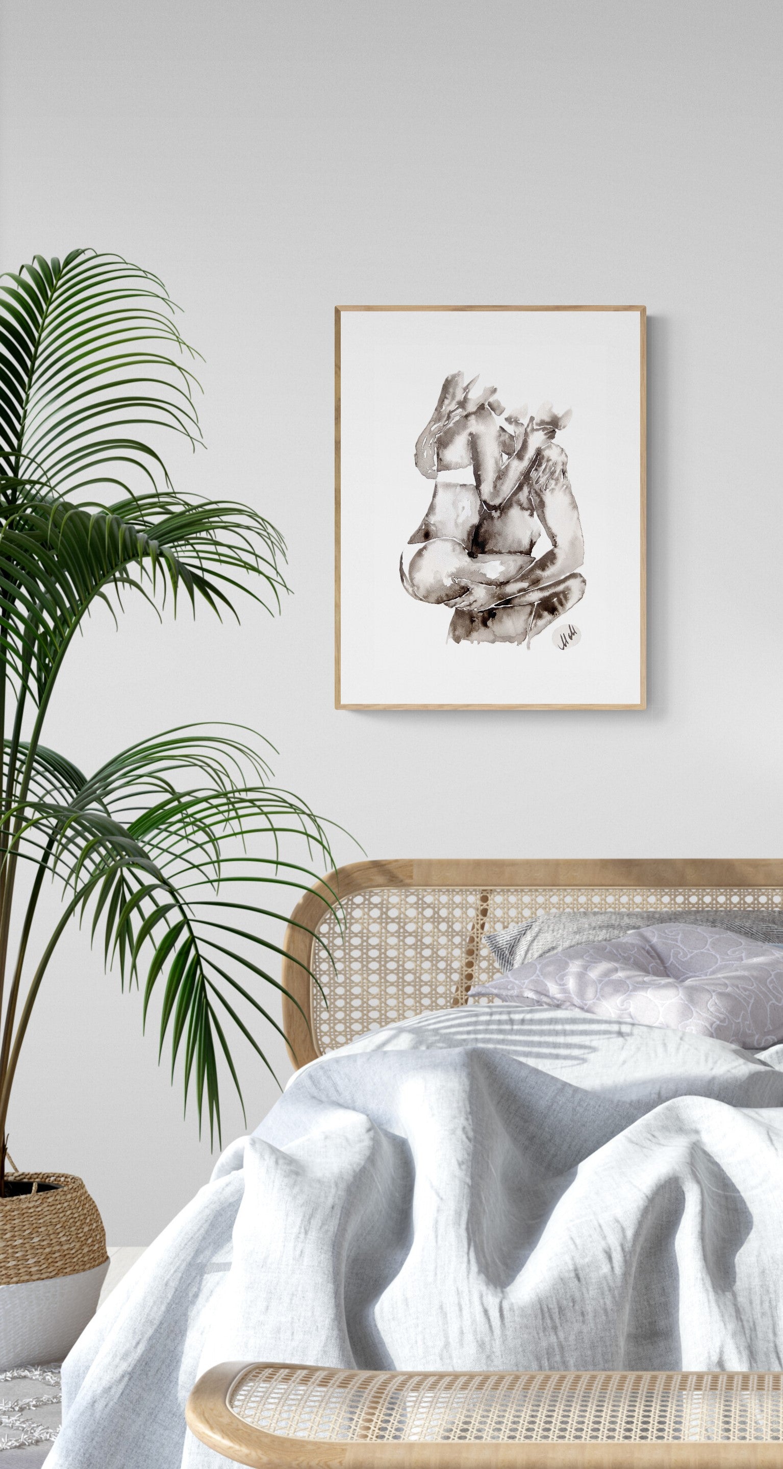 Original black and white ink wall art. Minimalist couple painting capturing love and intimacy. Elegant erotic/romantic artwork, perfect for bedroom decor, bathroom painting or a romantic gift for lover or partner