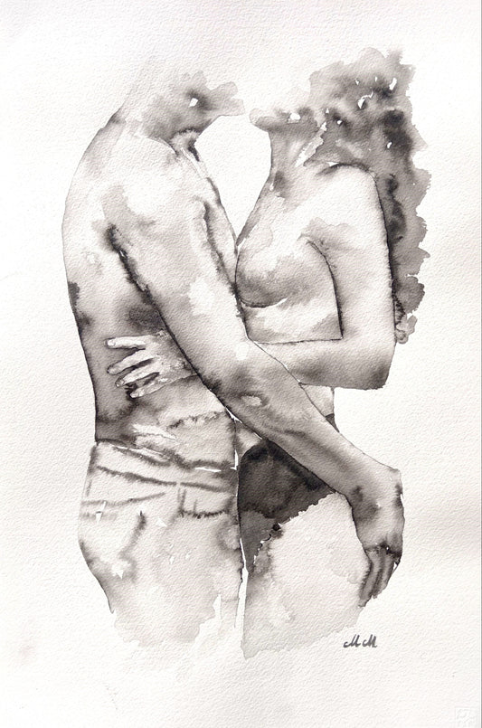 Black ink painting of a couple embracing, intimate and romantic artwork, minimalist above-bed decor, perfect gift for couples, hand-painted on heavy matte art paper.