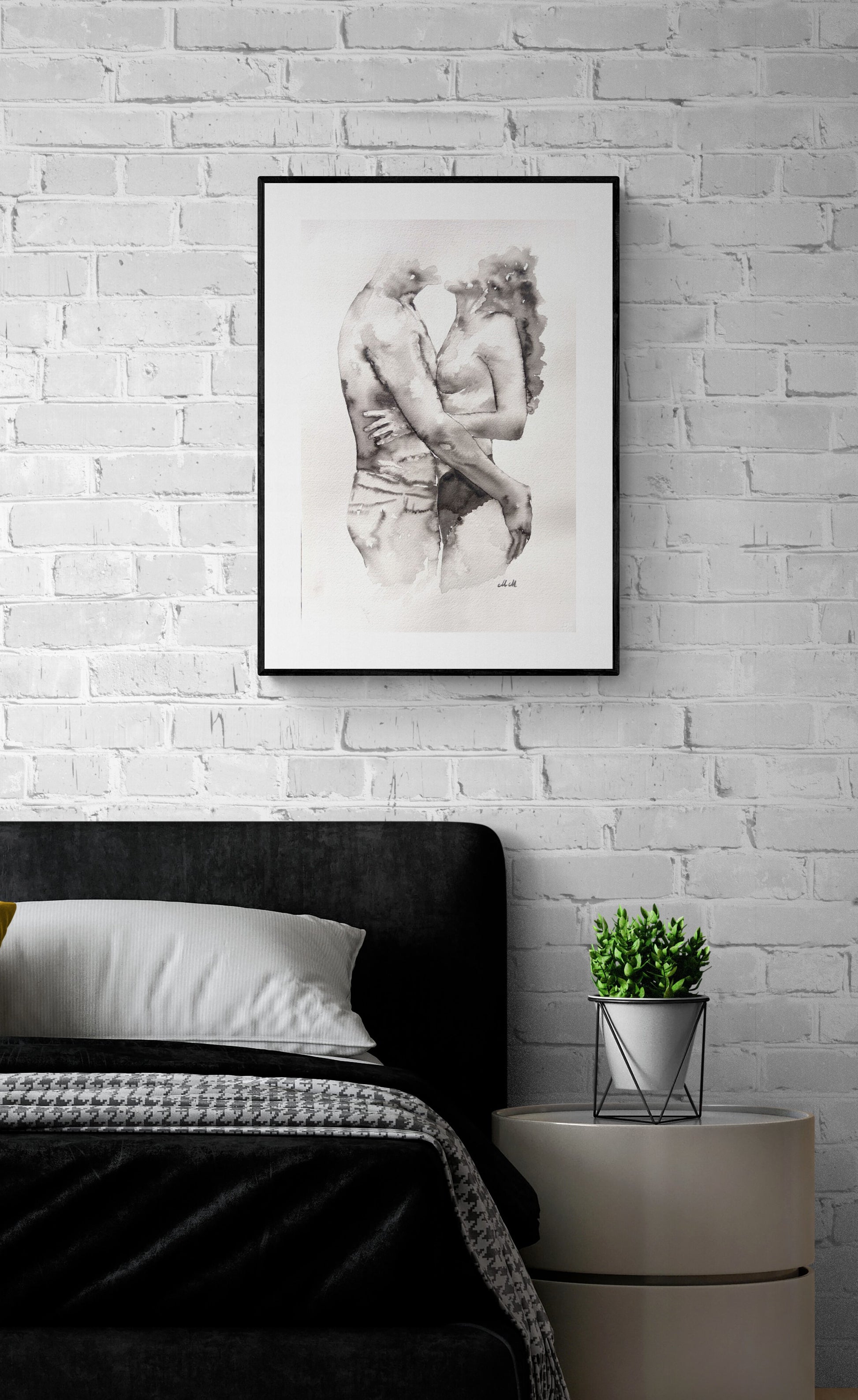 Black ink painting of a couple embracing, intimate and romantic artwork, minimalist above-bed decor, perfect gift for couples, hand-painted, bedroom wall art, bedroom painting