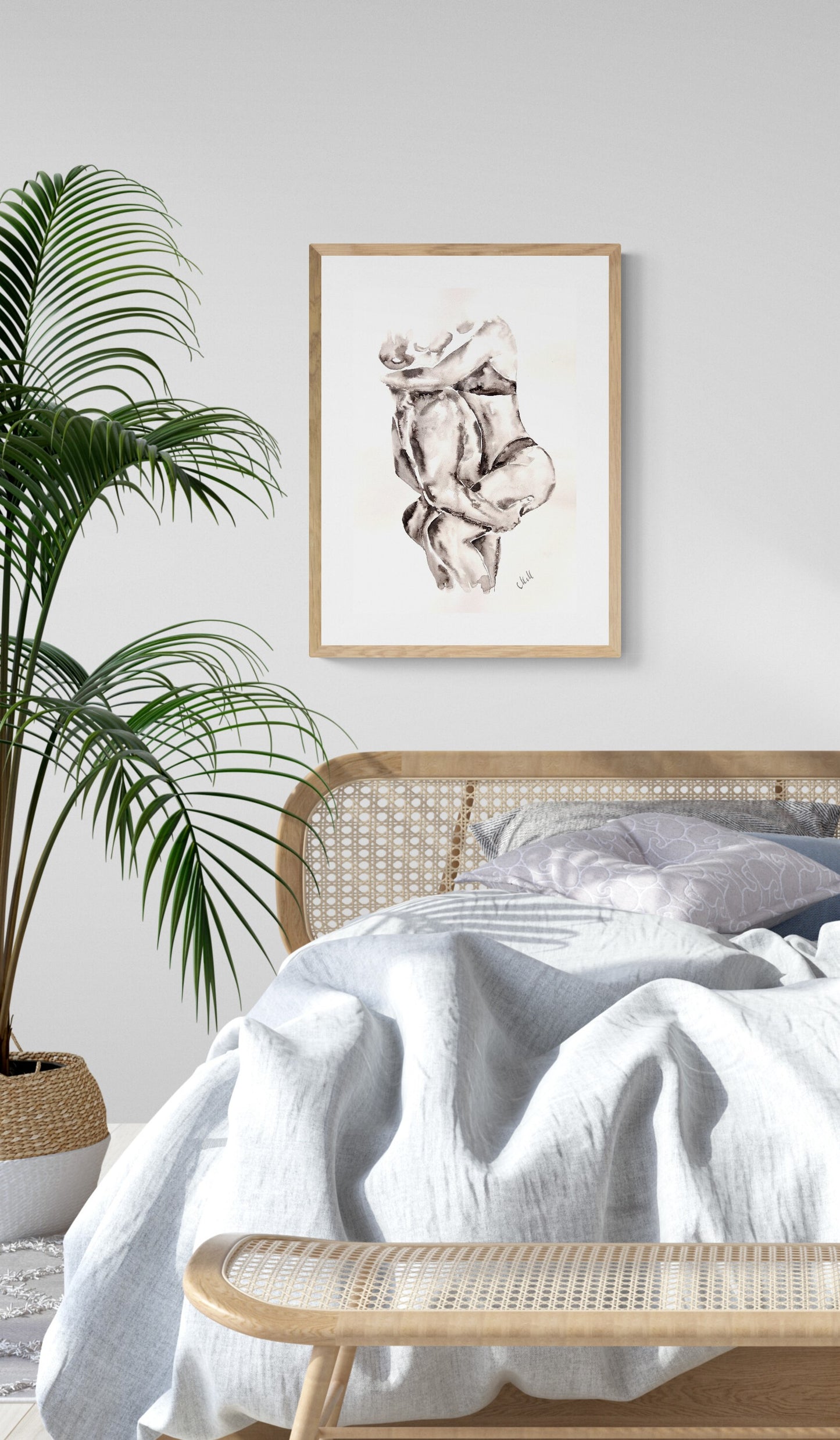 Original black and white ink wall art. Minimalist couple painting capturing love and intimacy. Elegant black and white artwork, perfect for bohemian and scandinavian bedroom decor, bathroom painting or a romantic gift for lover or partner