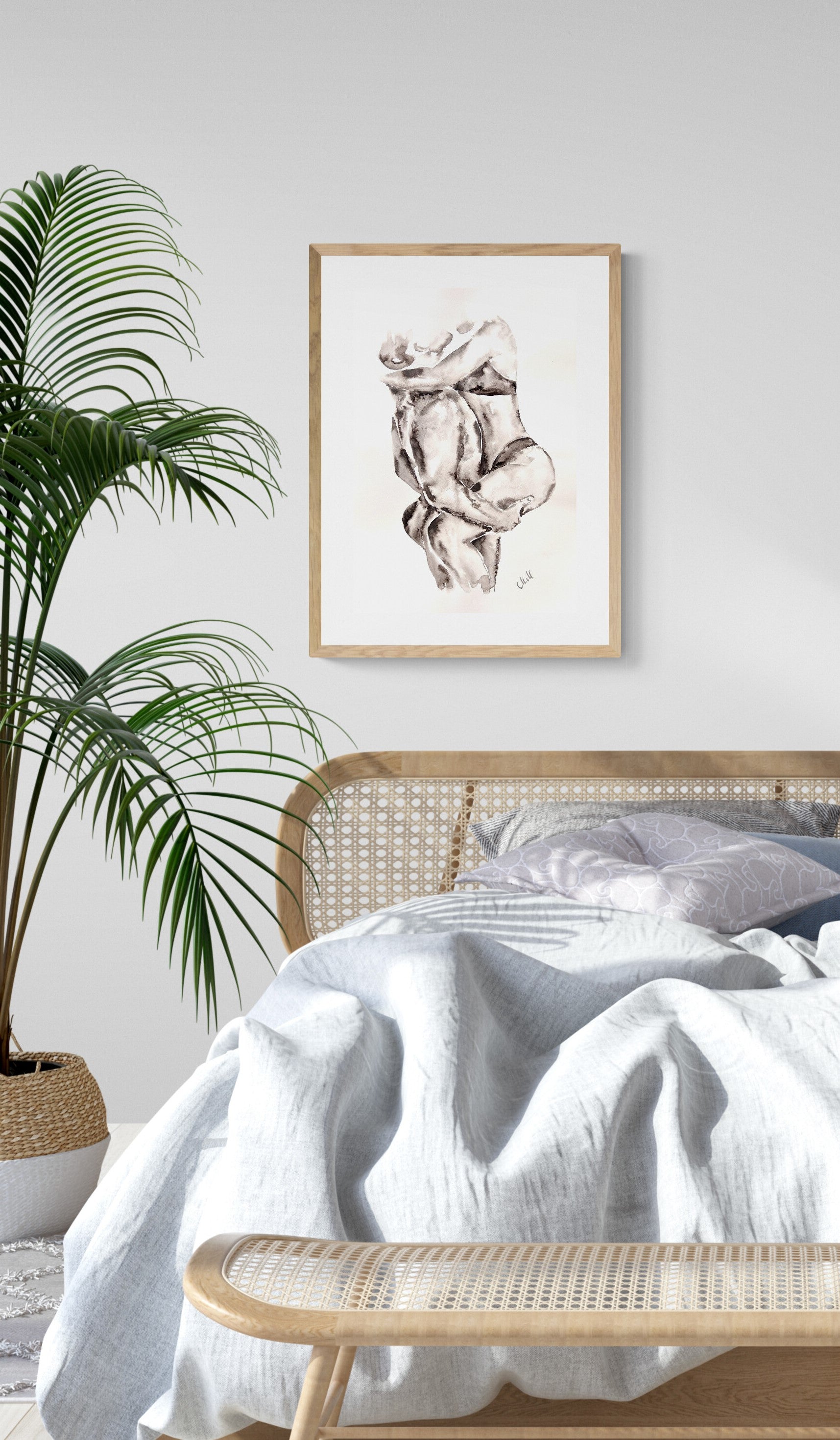 Original black and white ink wall art. Minimalist couple painting capturing love and intimacy. Elegant black and white artwork, perfect for bohemian and scandinavian bedroom decor, bathroom painting or a romantic gift for lover or partner