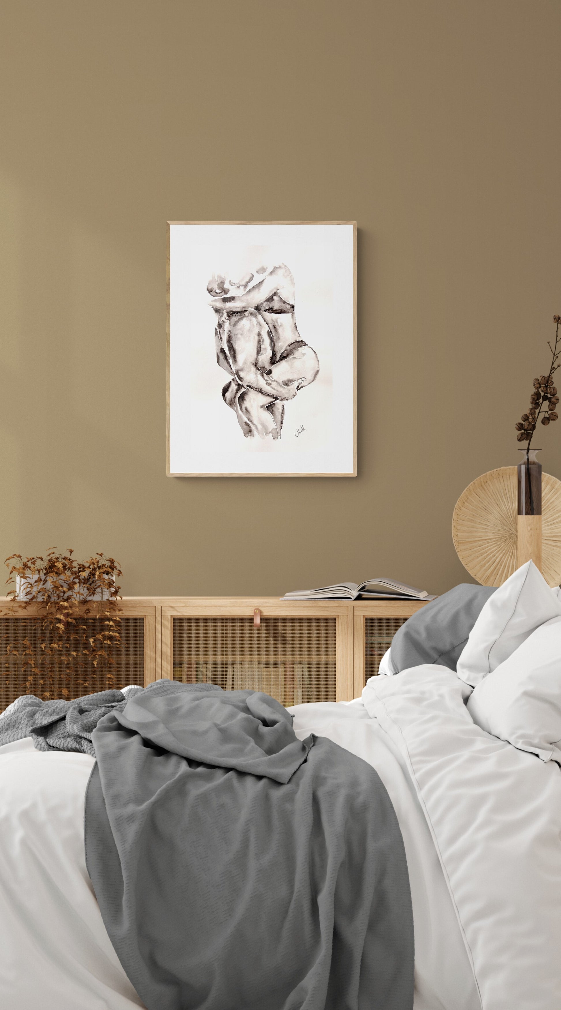 Original black and white ink wall art. Minimalist couple painting capturing love and intimacy. Elegant black and white artwork, perfect for bedroom decor, bathroom painting or a romantic gift for lover or partner