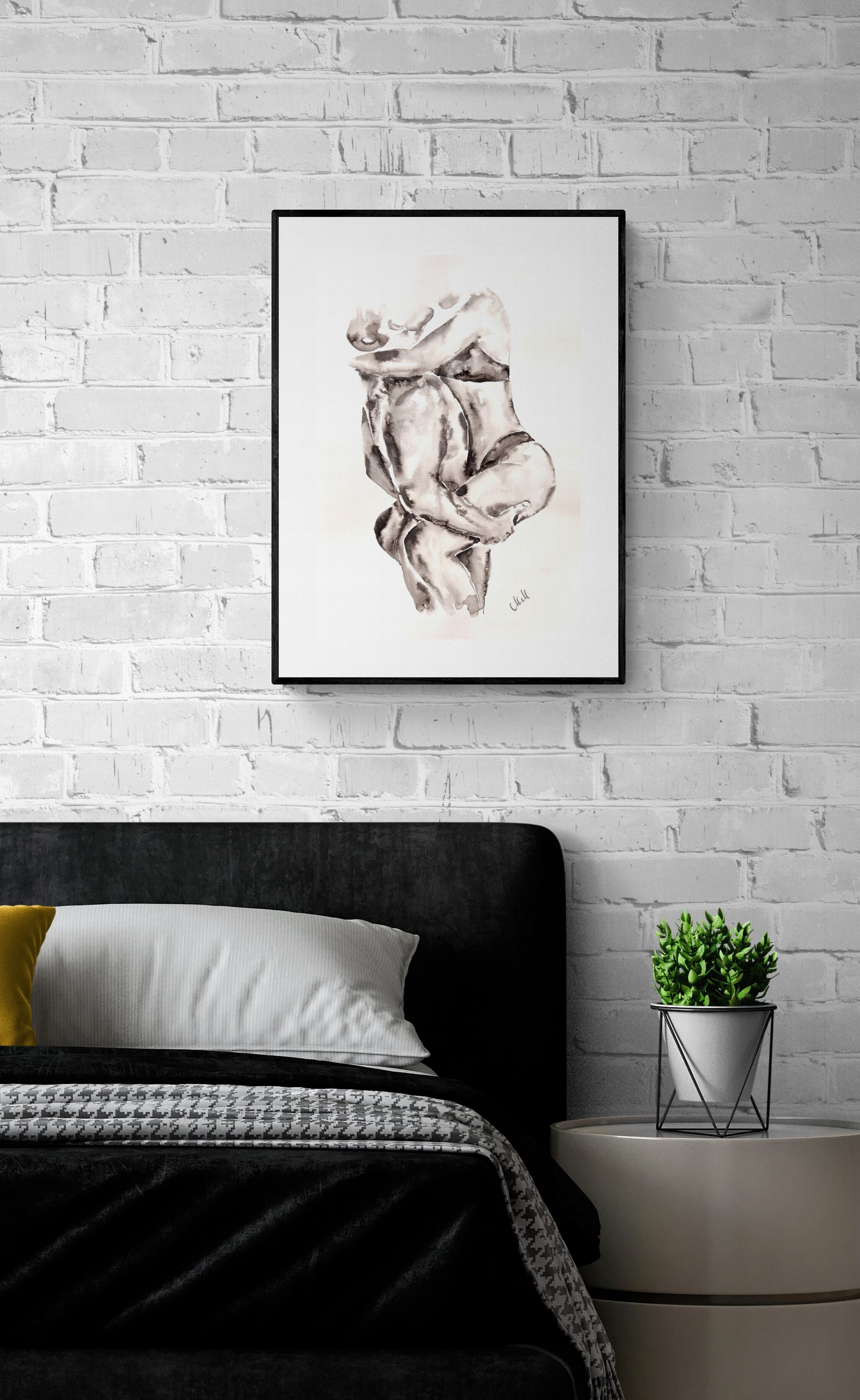 Original black and white ink wall art. Minimalist couple painting capturing love and intimacy. Elegant black and white artwork, perfect for bedroom decor, bathroom painting or a romantic gift for lover or partner