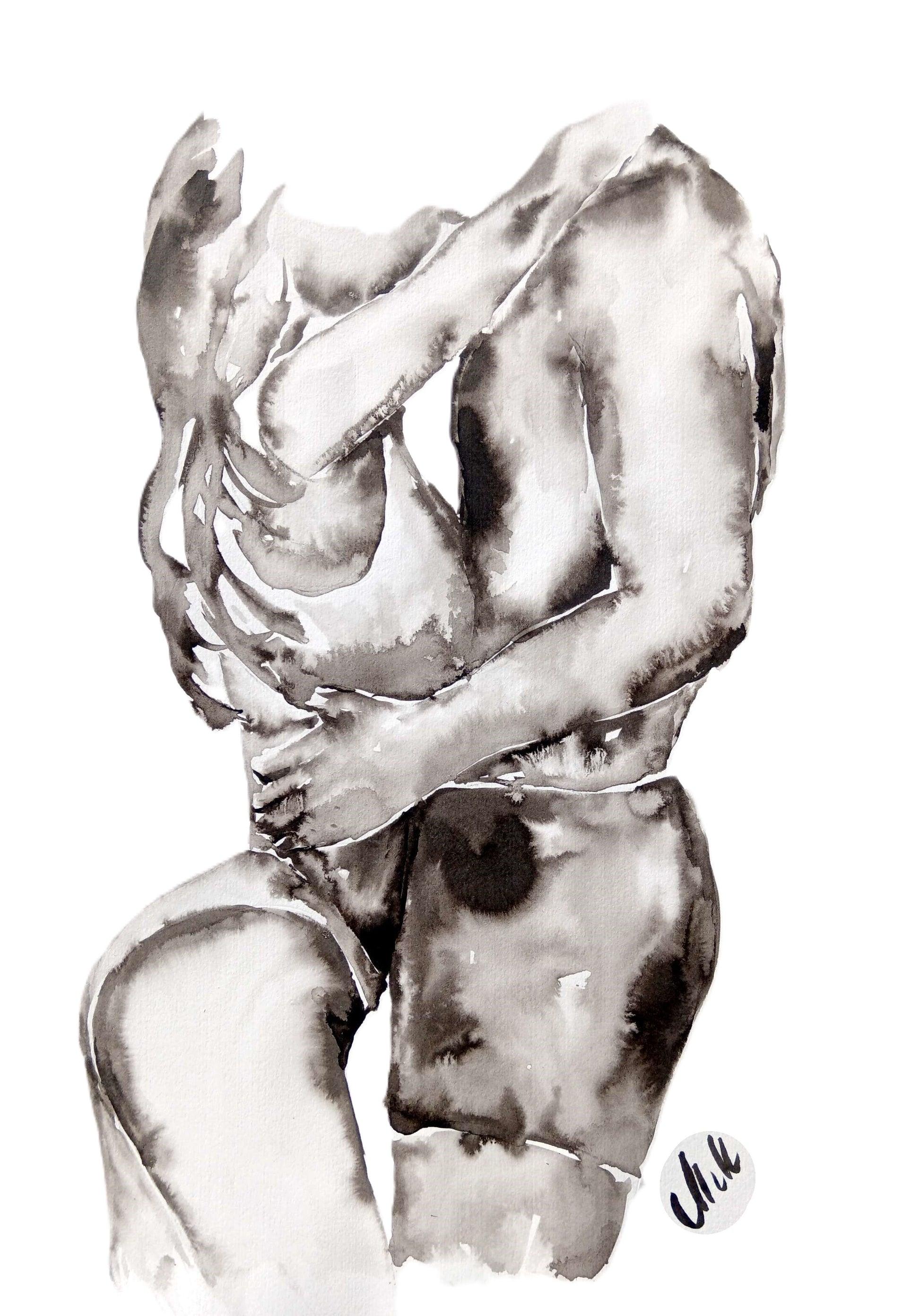 Original black and white ink wall art. Minimalist couple painting capturing love and intimacy. Elegant erotic/romantic artwork, perfect for bedroom decor, bathroom painting or a romantic gift for lover or partner