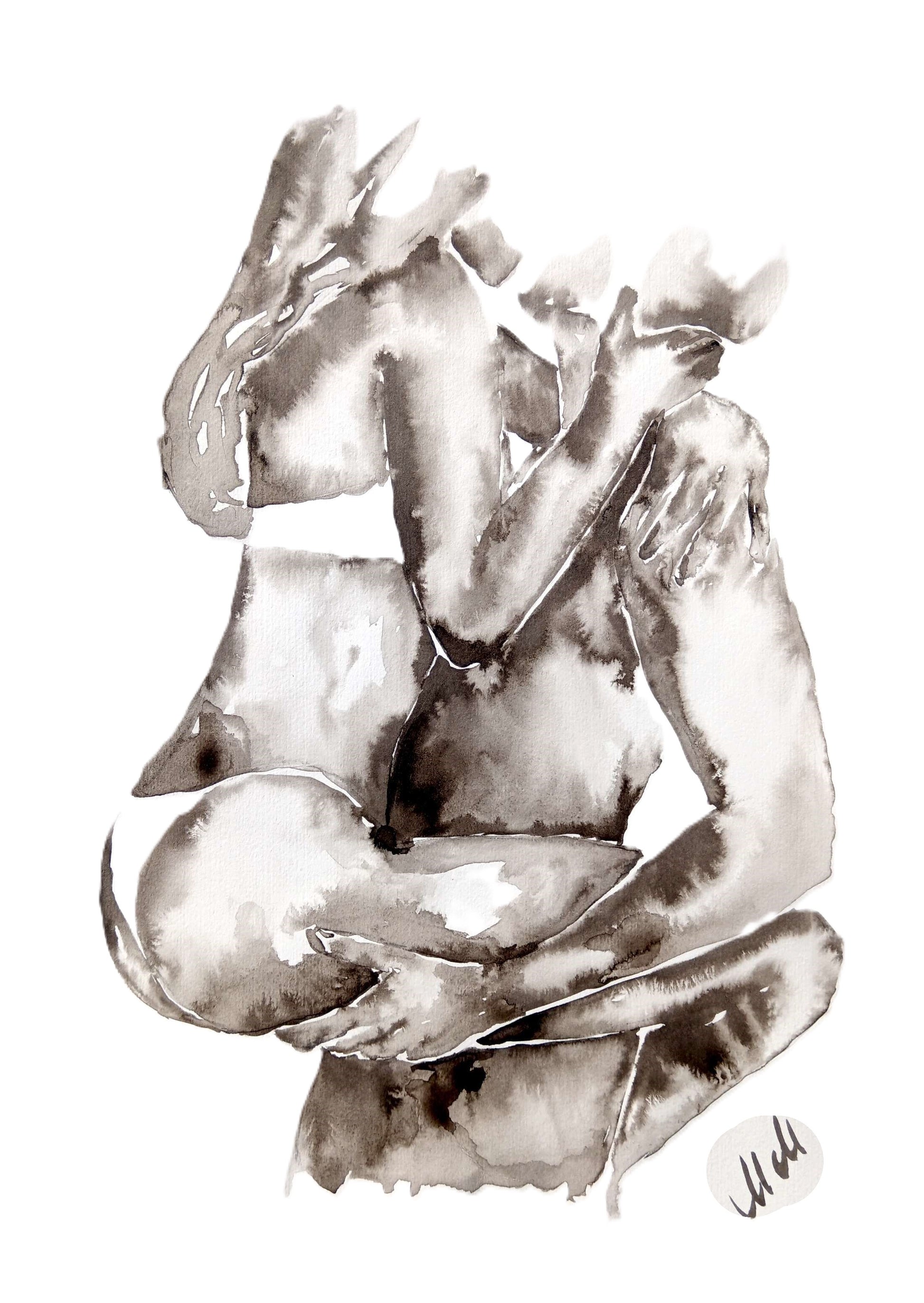 Original black and white ink wall art. Minimalist couple painting capturing love and intimacy. Elegant erotic/romantic artwork, perfect for bedroom decor, bathroom painting or a romantic gift for lover or partner