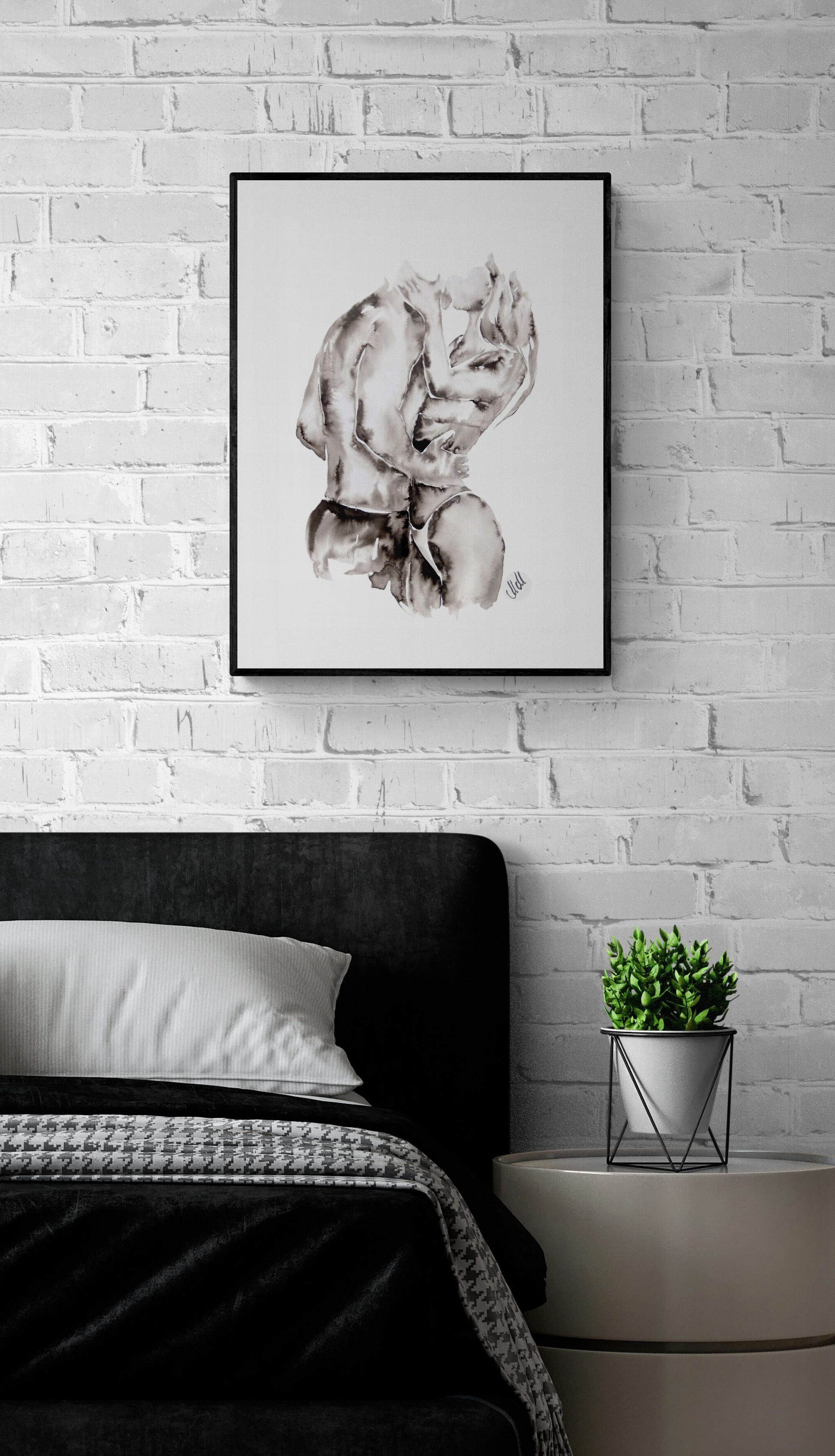 Original black and white ink wall art. Minimalist couple painting capturing love and intimacy. Elegant erotic/romantic artwork, perfect for bedroom decor, bathroom painting or a romantic gift for lover or partner