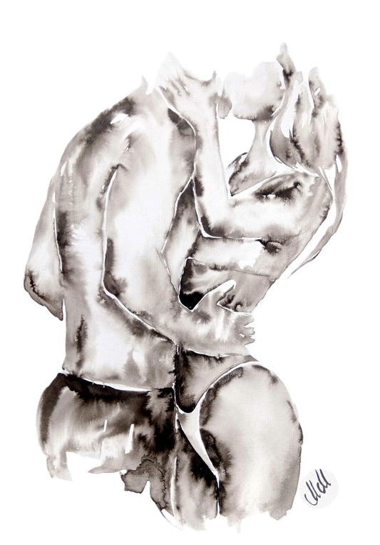 Original black and white ink wall art. Minimalist couple painting capturing love and intimacy. Elegant erotic/romantic artwork, perfect for bedroom decor, bathroom painting or a romantic gift for lover or partner