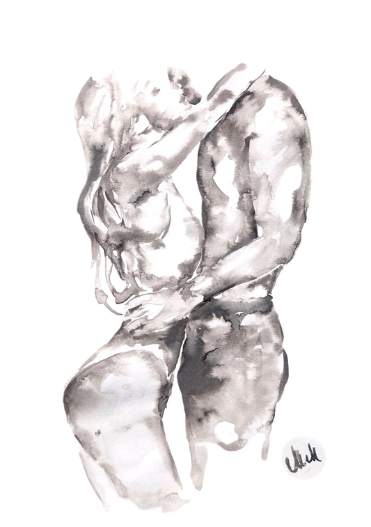 Black and white minimalist erotic ink painting, perfect for bedroom or bathroom decor. A romantic love artwork, ideal as a lovers' gift or partner gift. 