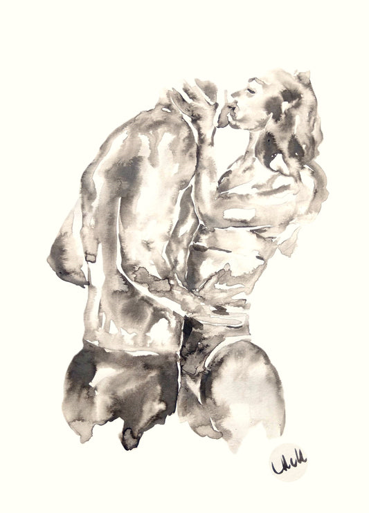 Black and white minimalist erotic ink painting, perfect for bedroom or bathroom decor. A simple romantic love artwork, ideal as a lovers' gift or partner gift. 