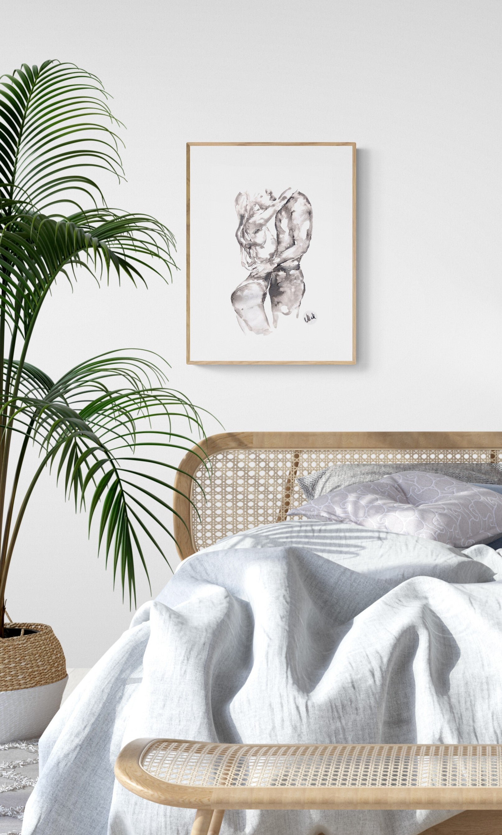 Black and white minimalist erotic ink painting, perfect for bedroom or bathroom decor. A simple romantic love artwork, ideal as a lovers' gift or partner gift. 