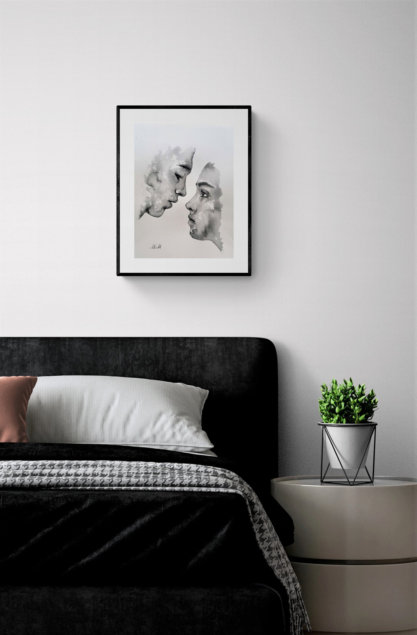 Lovers Kiss is part of my Ink Lovers collection, a minimalist ink painting that captures an intimate moment — two souls meeting in a timeless embrace. With only water and a touch of black pigment, the piece shows how pure emotion can emerge from the simplest elements.