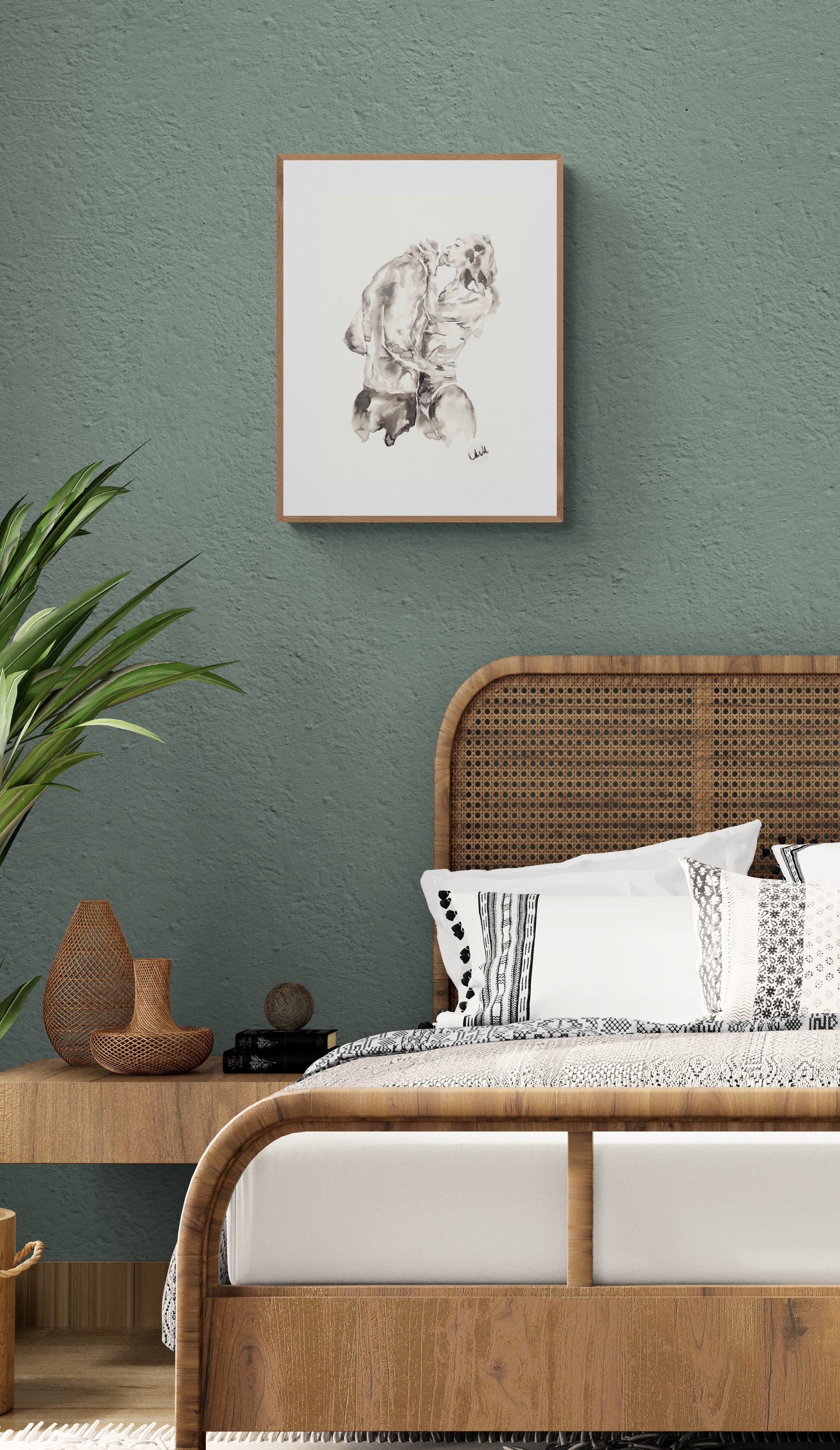 Black and white minimalist erotic ink painting, perfect for bedroom or bathroom decor. A simple romantic love artwork, ideal as a lovers' gift or partner gift. Bohemian bedroom decoration