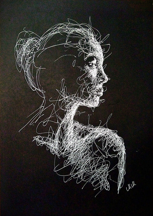 Modern Elegance Black and White Line Portrait Drawing - Original Sensual Art

This Modern Elegance black and white line portrait drawing is an original, sensual piece of artwork, handmade with love and care.

The minimalist female face figure captures a timeless beauty, offering a sophisticated touch to any space. The delicate lines, drawn with white pen on black art paper, evoke both grace and strength, creating a striking contrast that will captivate the eye.