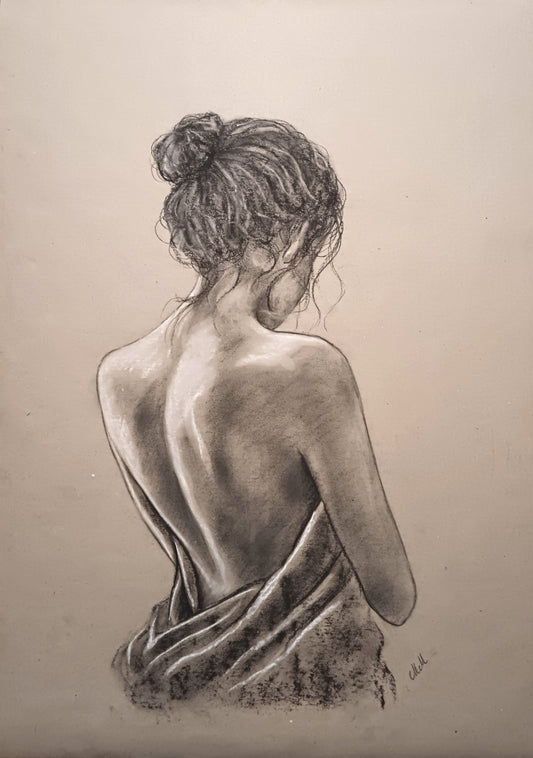 Charcoal drawing of a woman sitting with her back to the viewer on a beige background