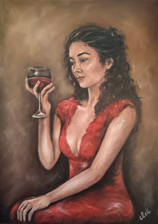 A moment of elegance, emotion, and quiet confidence.
This one-of-a-kind oil painting features a captivating woman in a red dress, delicately holding a glass of red wine. Her presence is bold yet introspective a portrait full of warmth, soul, and timeless feminine energy. The red tones evoke passion and strength, making it a powerful focal piece for any space.