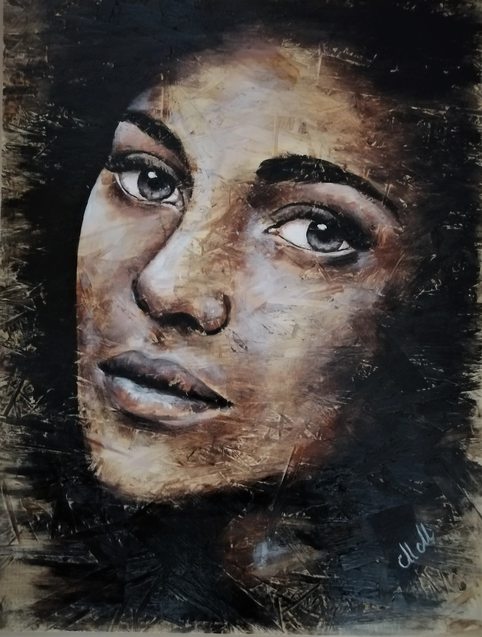 This handmade portrait painting of a woman on wood blends rustic charm with modern aesthetics.

The acrylic portrait, painted on a recycled wood, brings warmth and character to any space.

Beautiful face of a woman is perfect as a statement decor for your living room or as a thoughtful gift for someone special.

Face painting size: 47 cm x 61 cm (18" x 24")

It comes ready to hang, adding an artistic touch to your modern home wall decoration.