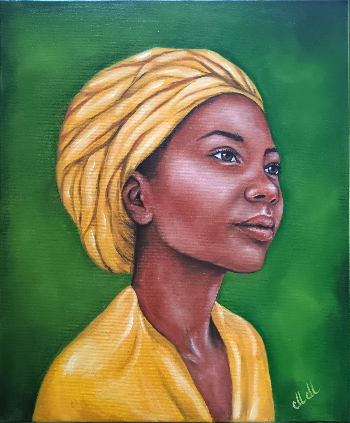 African beauty - original oil portrait painting Painting of a woman wearing a yellow headscarf and outfit against a green background