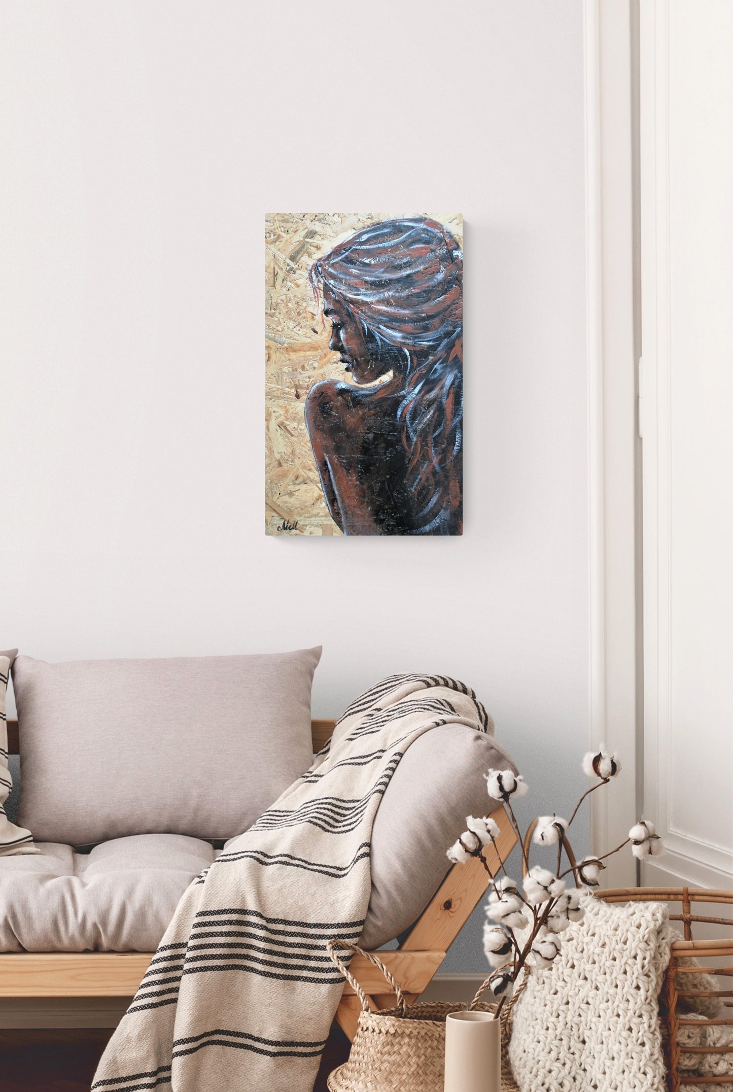 Elegant Portrait on Wood – Rustic & Timeless Wall Art

This delicate profile portrait of a woman, painted on a natural wood panel, blends rustic charm with artistic elegance.

The warmth of the wood grain enhances the expressive acrylic brushstrokes, making this piece a truly unique and soulful addition to your home.

Perfect for a cozy bedroom setting or as a statement piece in any space, this one-of-a-kind artwork brings both nature and creativity into your decor.