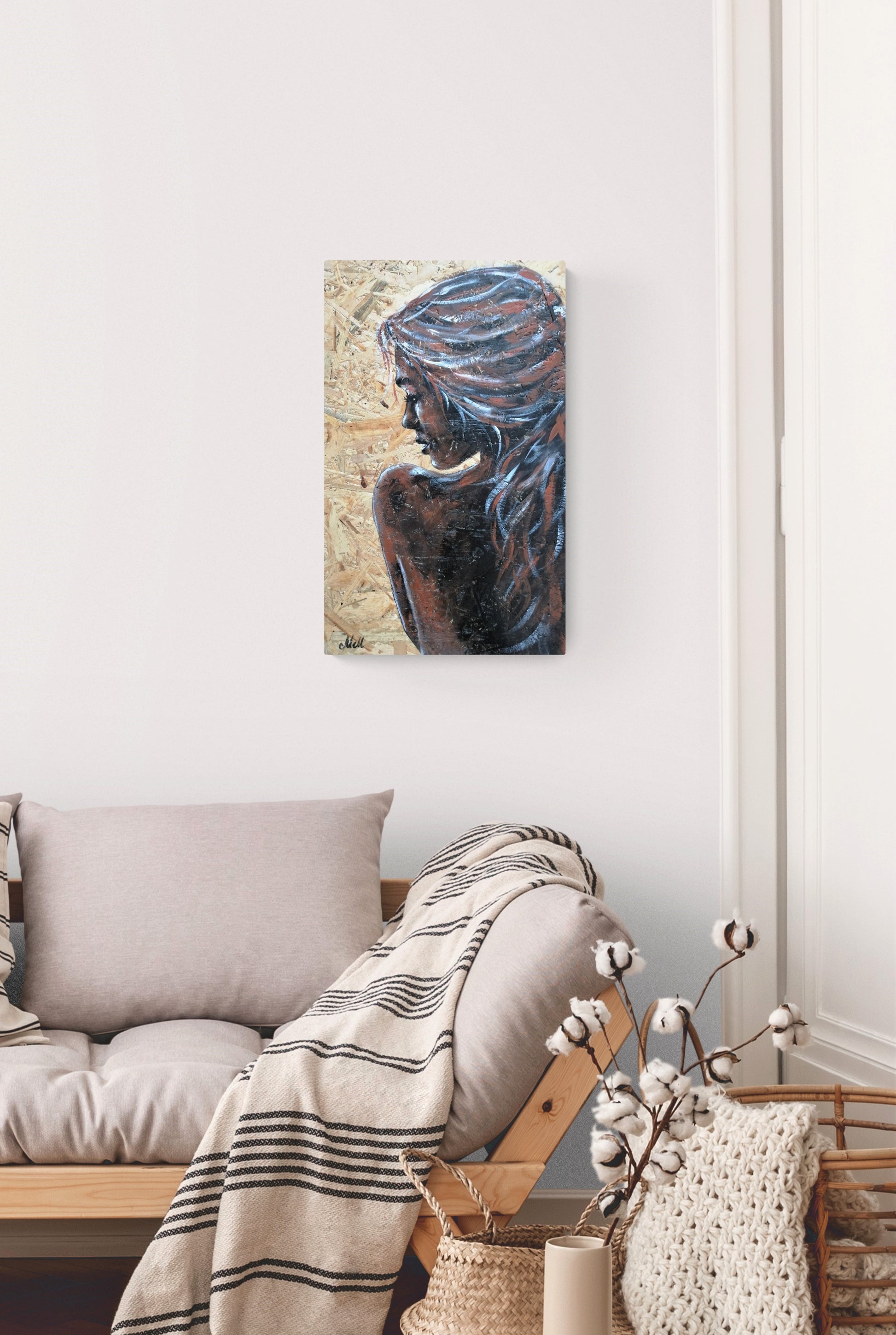 Elegant Portrait on Wood – Rustic & Timeless Wall Art

This delicate profile portrait of a woman, painted on a natural wood panel, blends rustic charm with artistic elegance.

The warmth of the wood grain enhances the expressive acrylic brushstrokes, making this piece a truly unique and soulful addition to your home.

Perfect for a cozy bedroom setting or as a statement piece in any space, this one-of-a-kind artwork brings both nature and creativity into your decor.