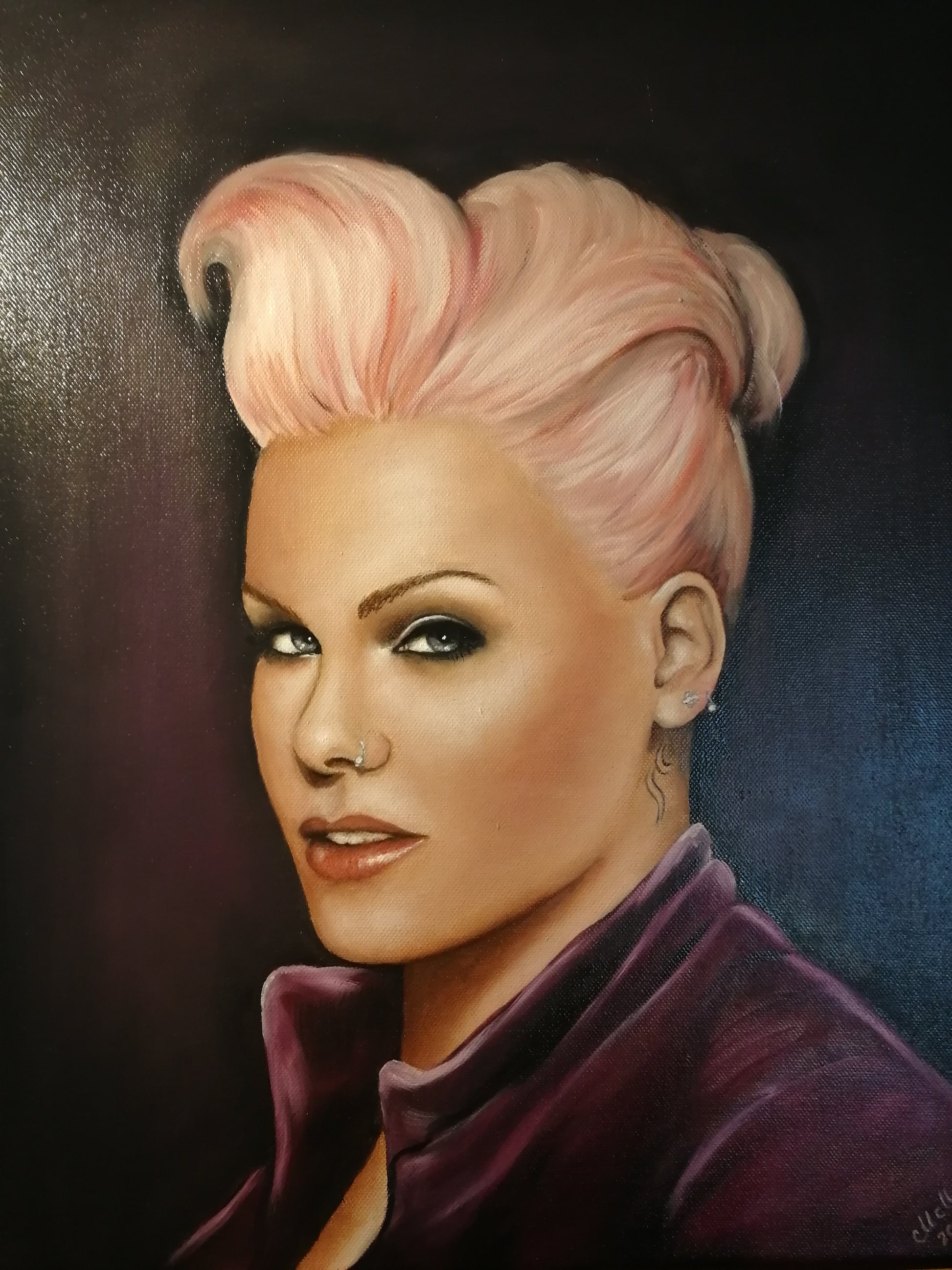 Artistic portrait of a person with pink hair and a dark background