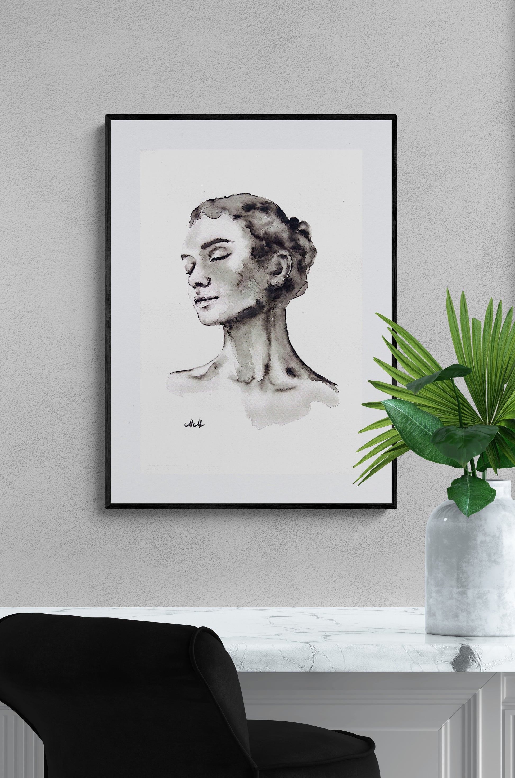 In Love Ink Portrait Painting – Original Black and White Female Profile Art

This captivating female portrait is a handmade drawing that beautifully embodies the essence of femininity in a refined minimalist style.

Made with a delicate play of black ink and watercolors, the female profile exudes both grace and strength, making it a timeless statement piece for any space.

This minimalist woman’s portrait is simple yet impactful, showcasing the elegance that emerges from just water and a hint of black.