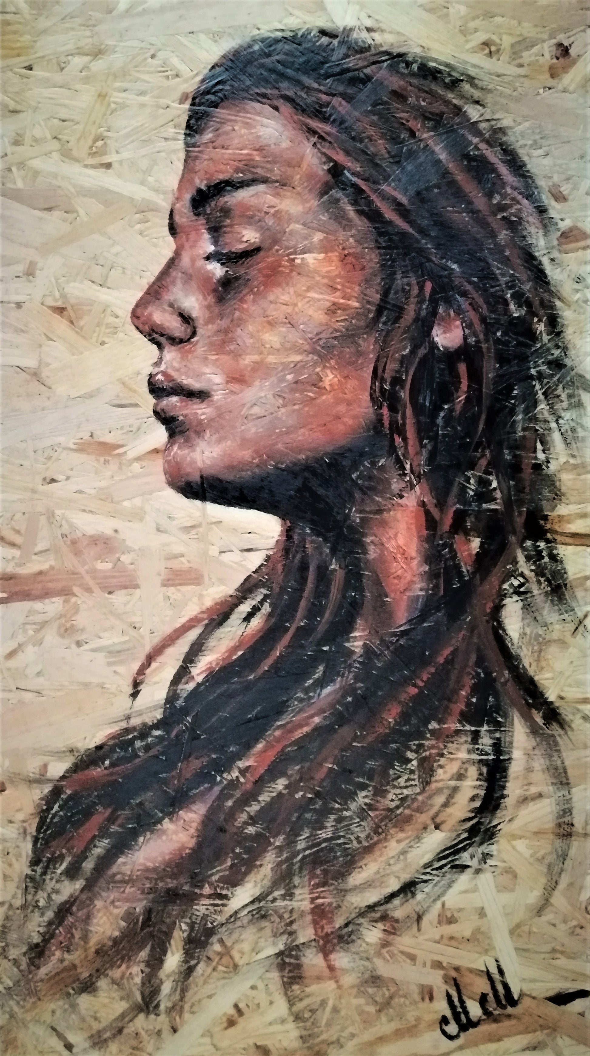 Acrylic Portrait on Wood – A Unique Blend of Art & Nature

This&nbsp;one-of-a-kind acrylic portrait painting on wood brings warmth, texture, and character to your home.

Hand-painted on a reclaimed OSB wood panel, this piece embraces the beauty of imperfection, turning recycled materials into elegant modern wall art.

The expressive face profile of a woman is captured with rich acrylic tones, creating a timeless and soulful presence.