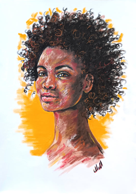 Artistic illustration of a woman with an afro against a white background