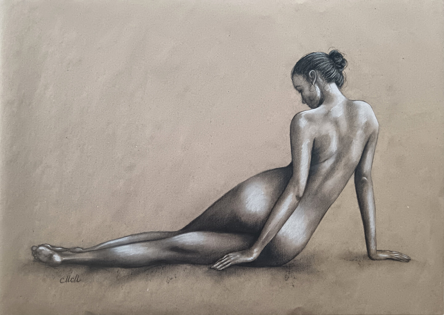 Charcoal drawing of a nude figure sitting on a beige background