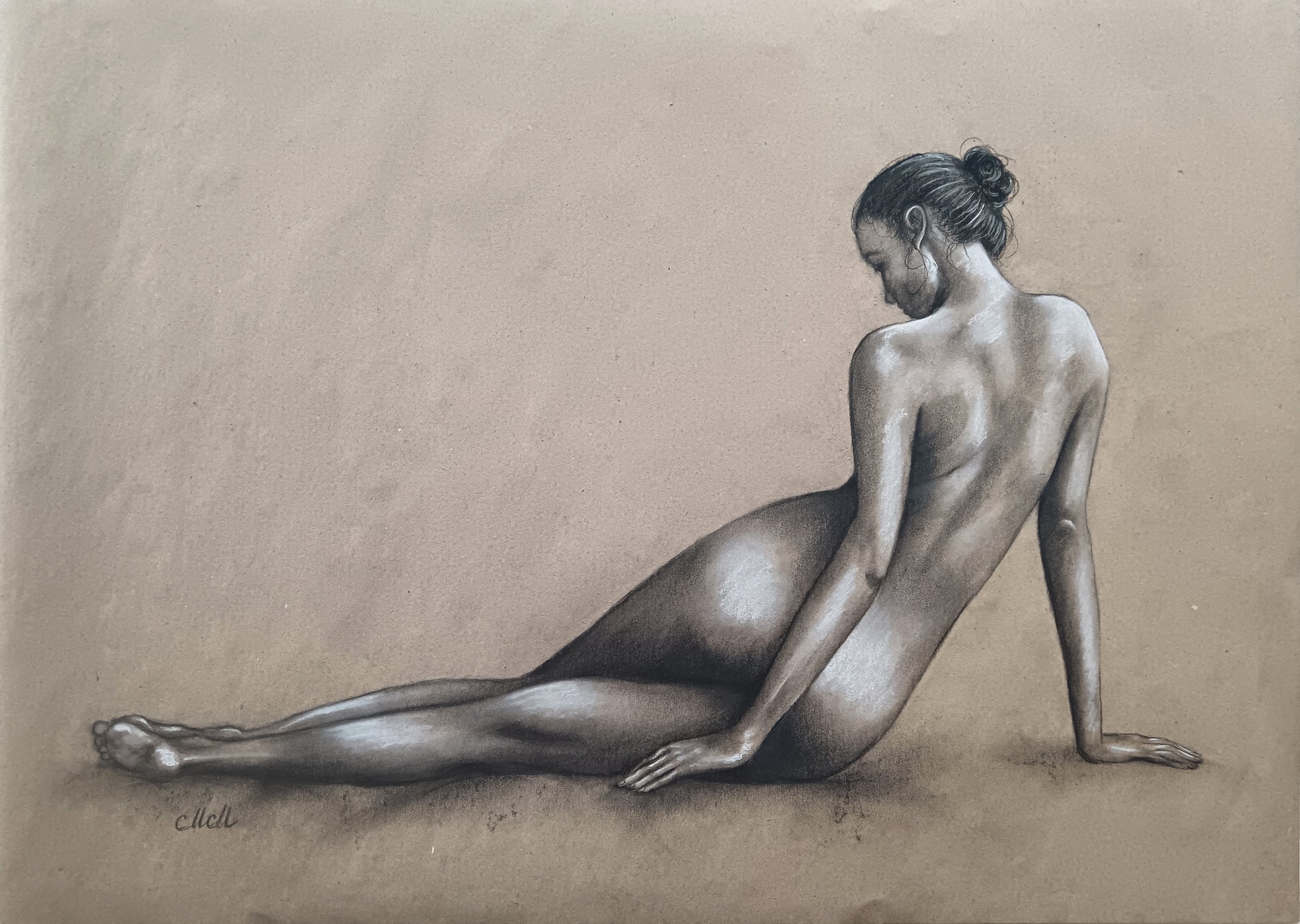 Charcoal drawing of a nude figure sitting on a beige background